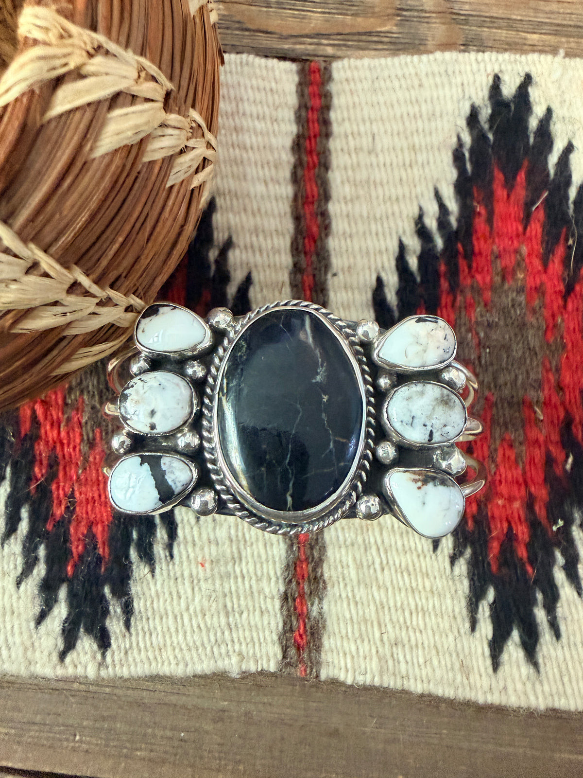 Handcrafted White Buffalo & Sterling Silver Cuff Bracelet by Charlene Yazzie