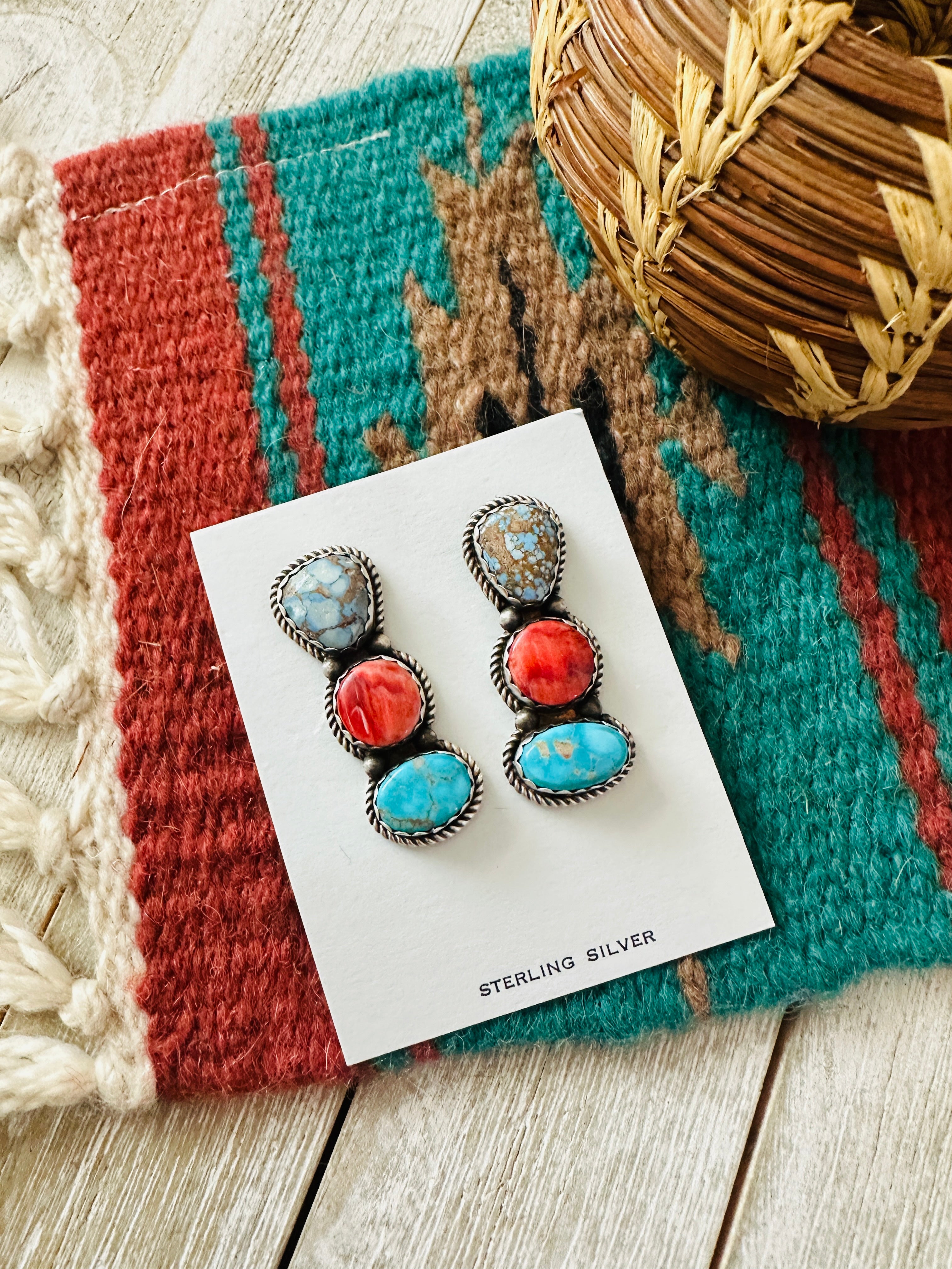 Handcrafted Red Spiny, Turquoise and Sterling Silver Dangle Earrings