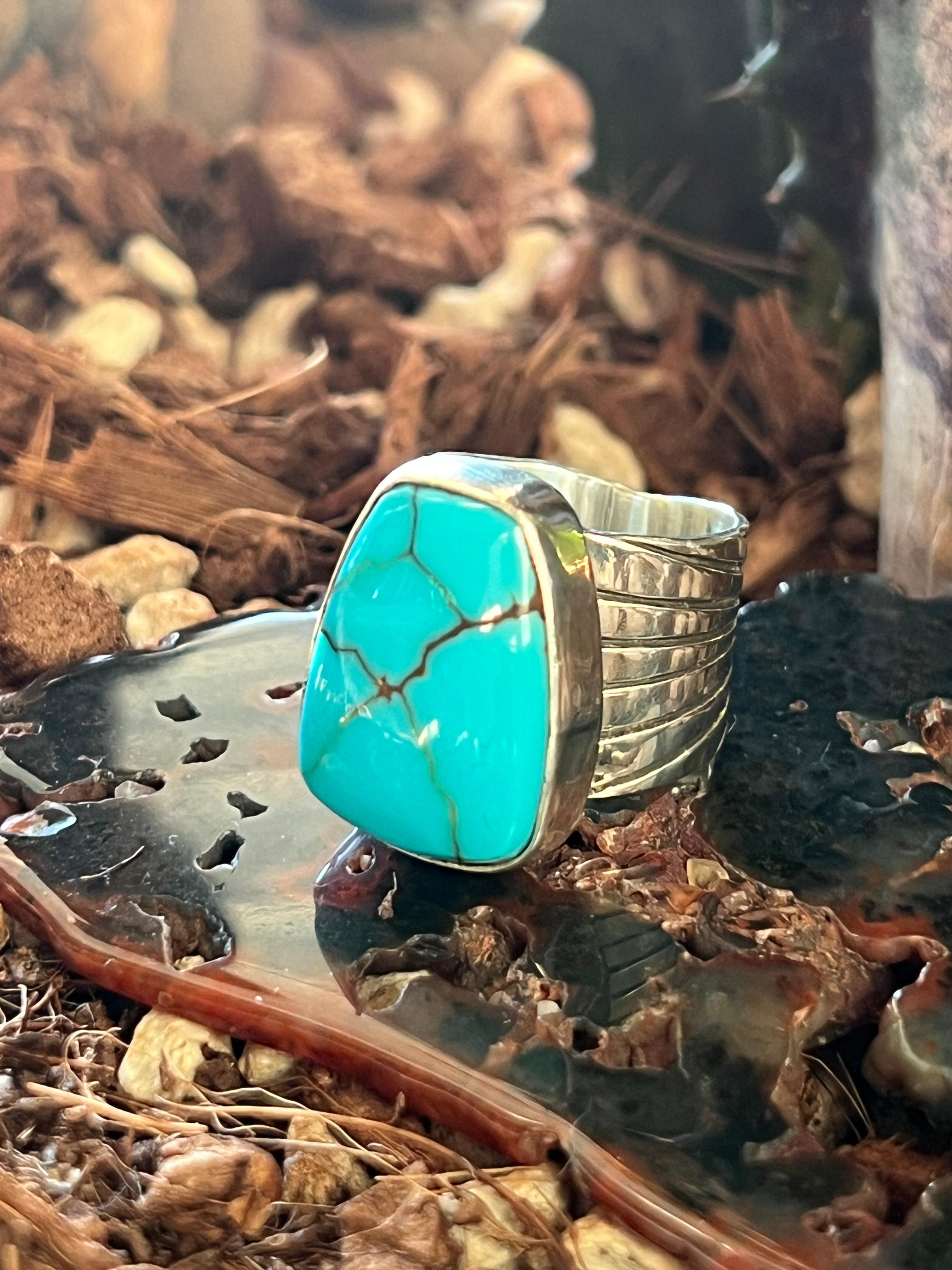 Handcrafted Hand Stamped Sterling Silver and Egyptian Turquoise Wide Shank Ring by Shaun Rogers, Size 8.25