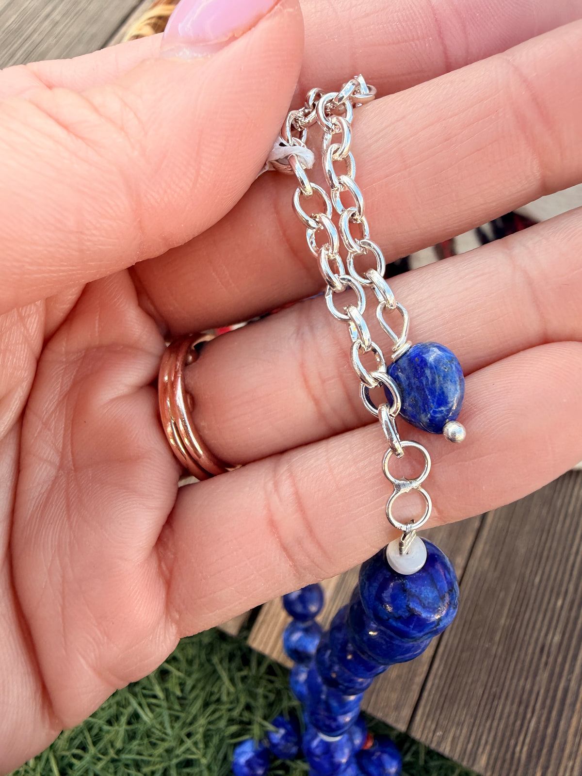 Handcrafted Lapis, Spiny Oyster Shell & Sterling Silver 18” Beaded Necklace