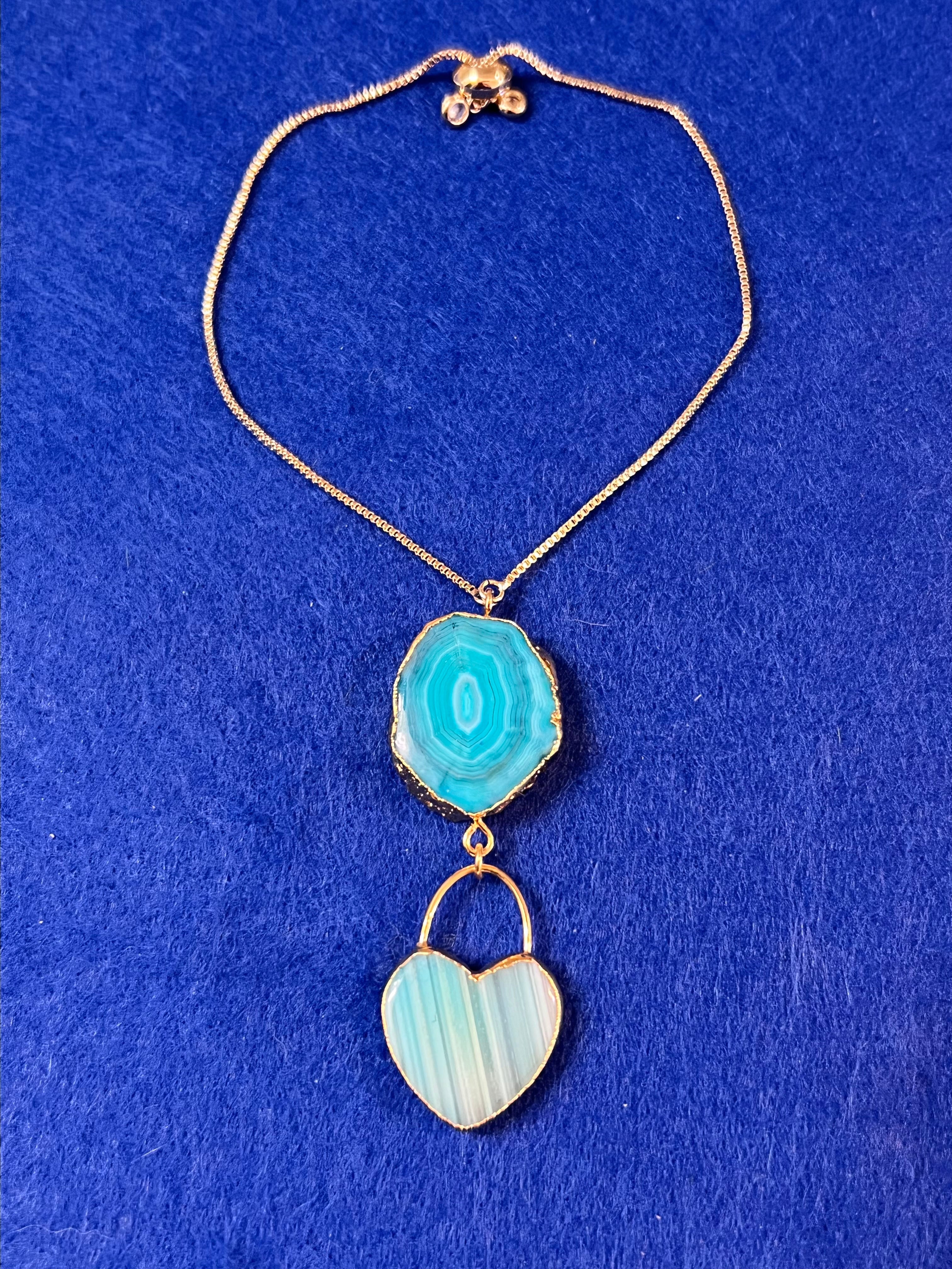 Handmade 14k Gold Druzy Plated Brass Dangle Heart & Blue Geode Adjustable Bracelet