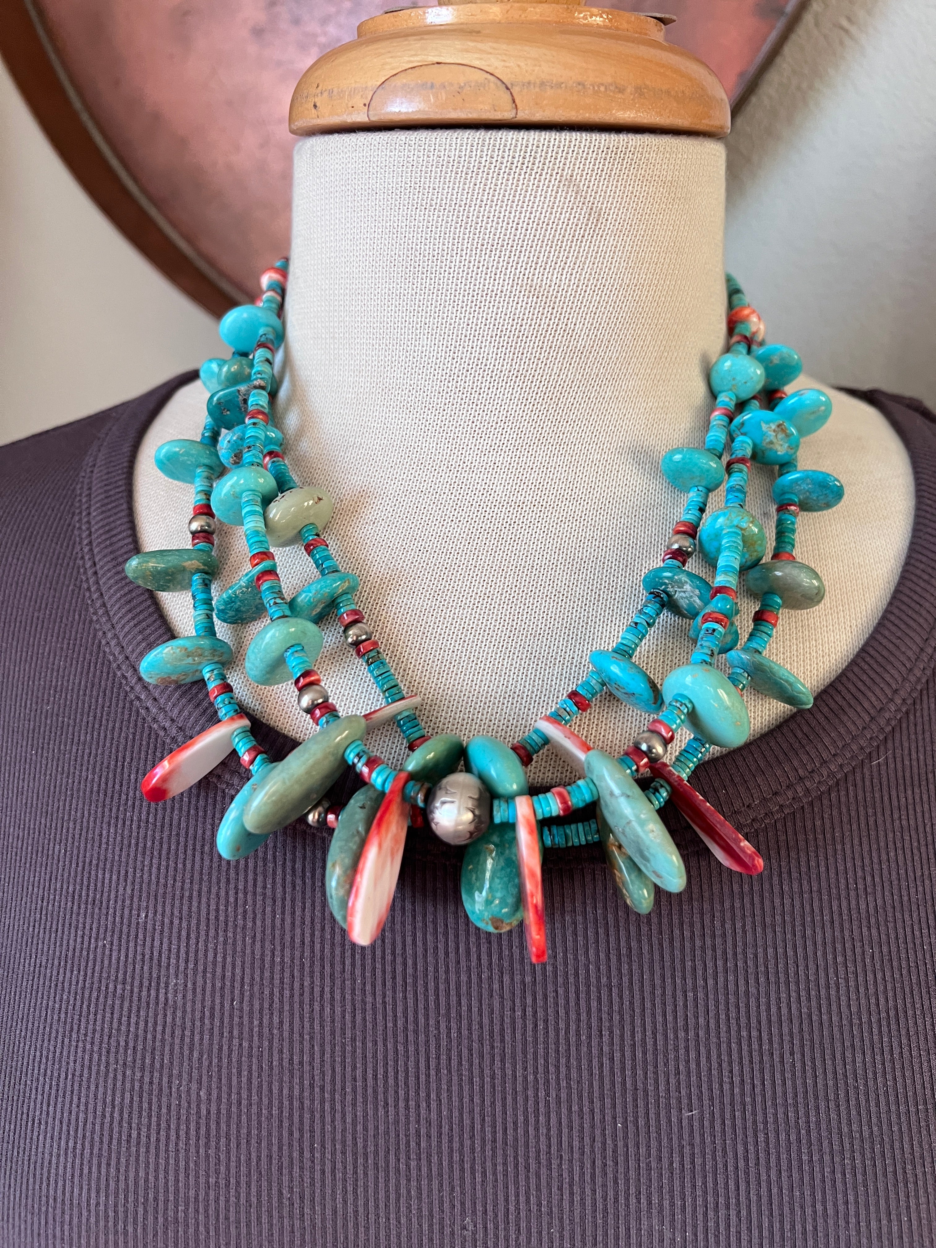 Gorgeous Handcrafted Triple Strand Sterling Silver, Turquoise and Spiny Oyster Beaded Tab Necklace by Daniel Coriz