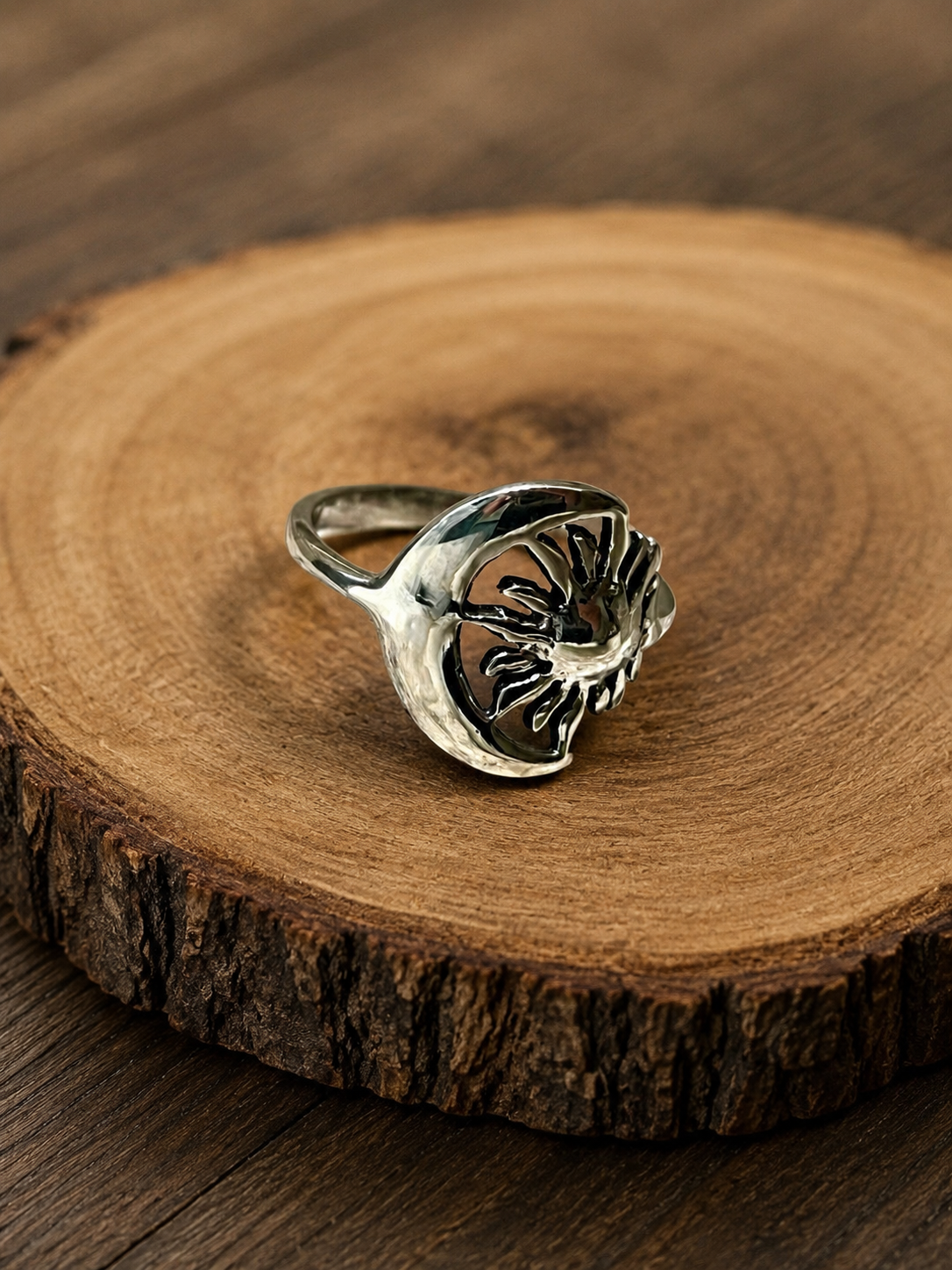 Sun and Crescent Moon Sterling Silver Ring
