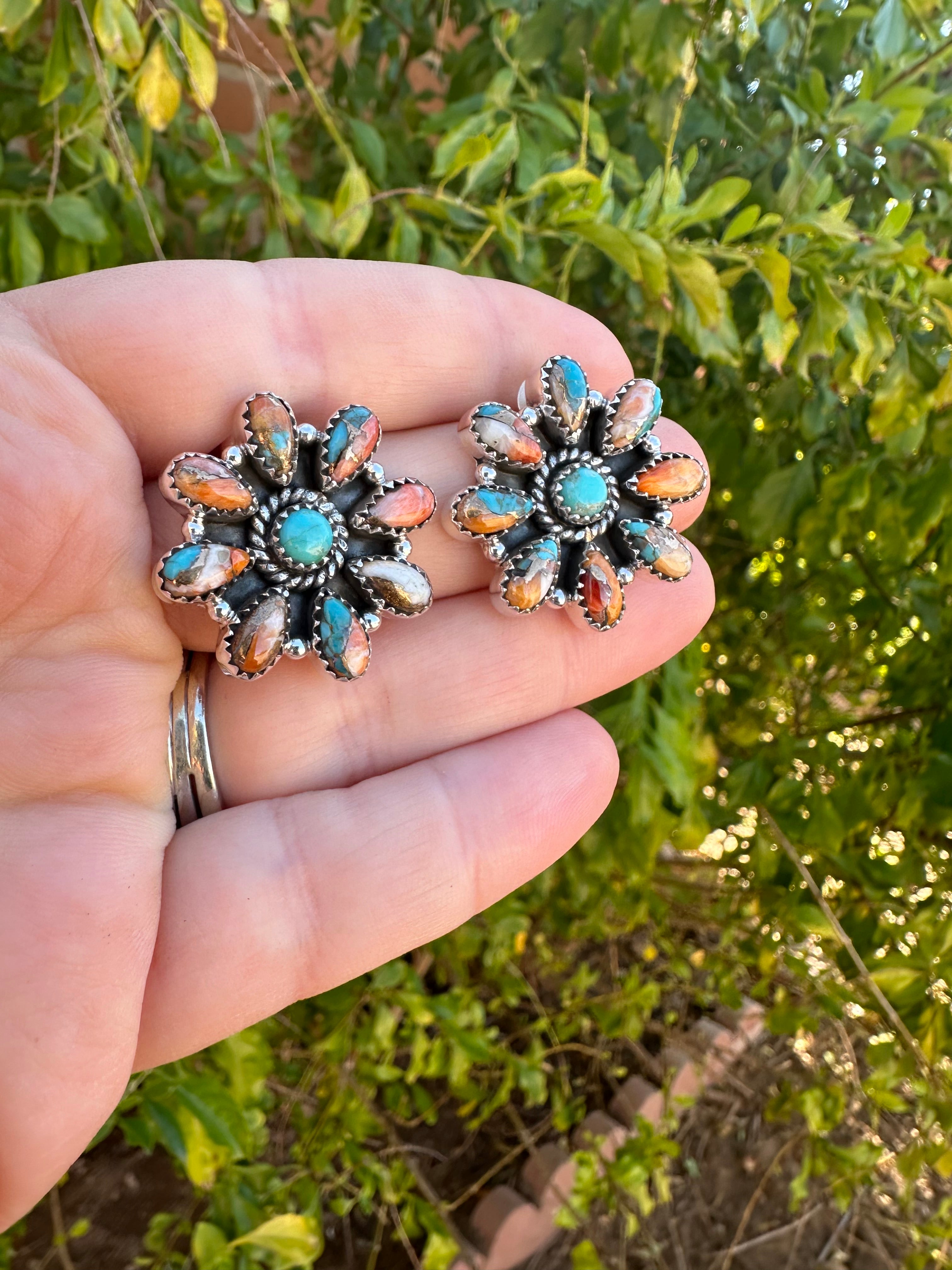 Handmade Sterling Silver, Spice, Turquoise Post Cluster Earrings Signed Nizhoni