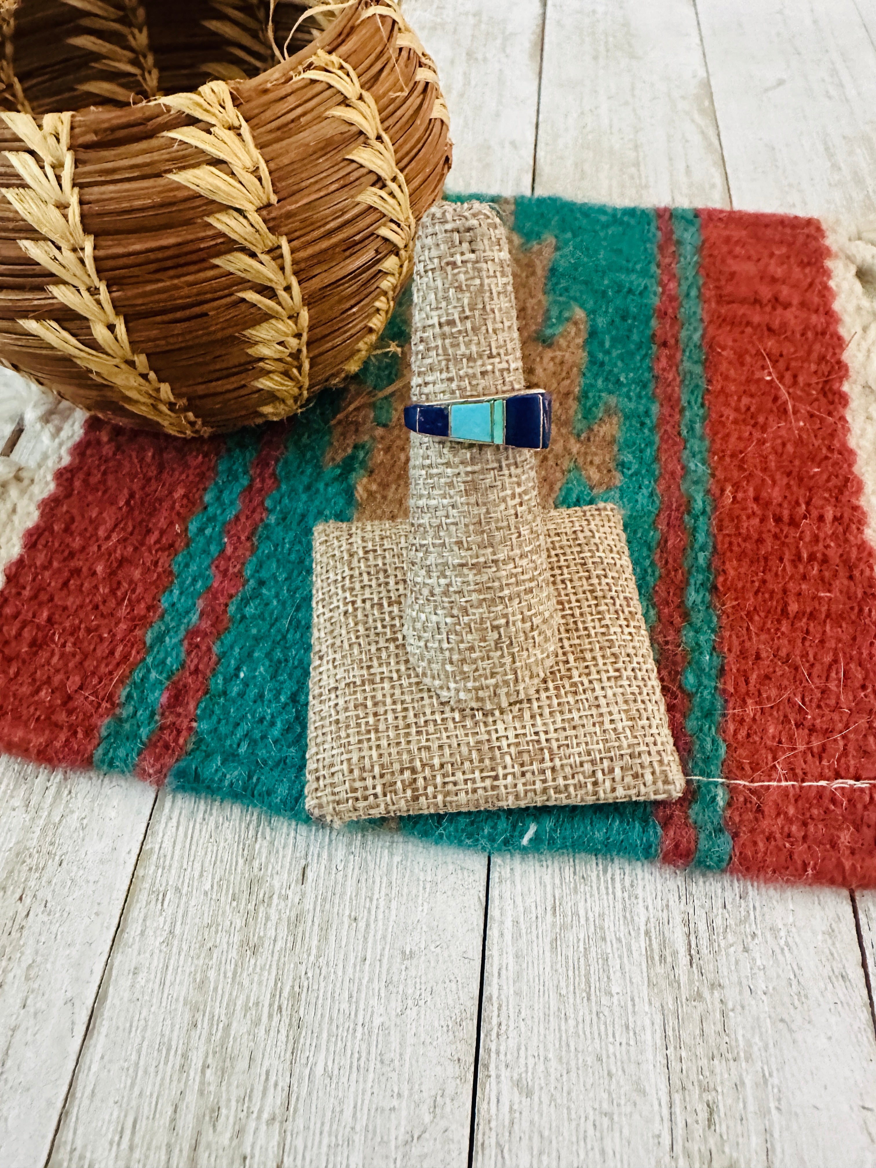 Handcrafted Old Pawn Sterling Silver, Lapis & Turquoise Inlay Band Ring Size 6