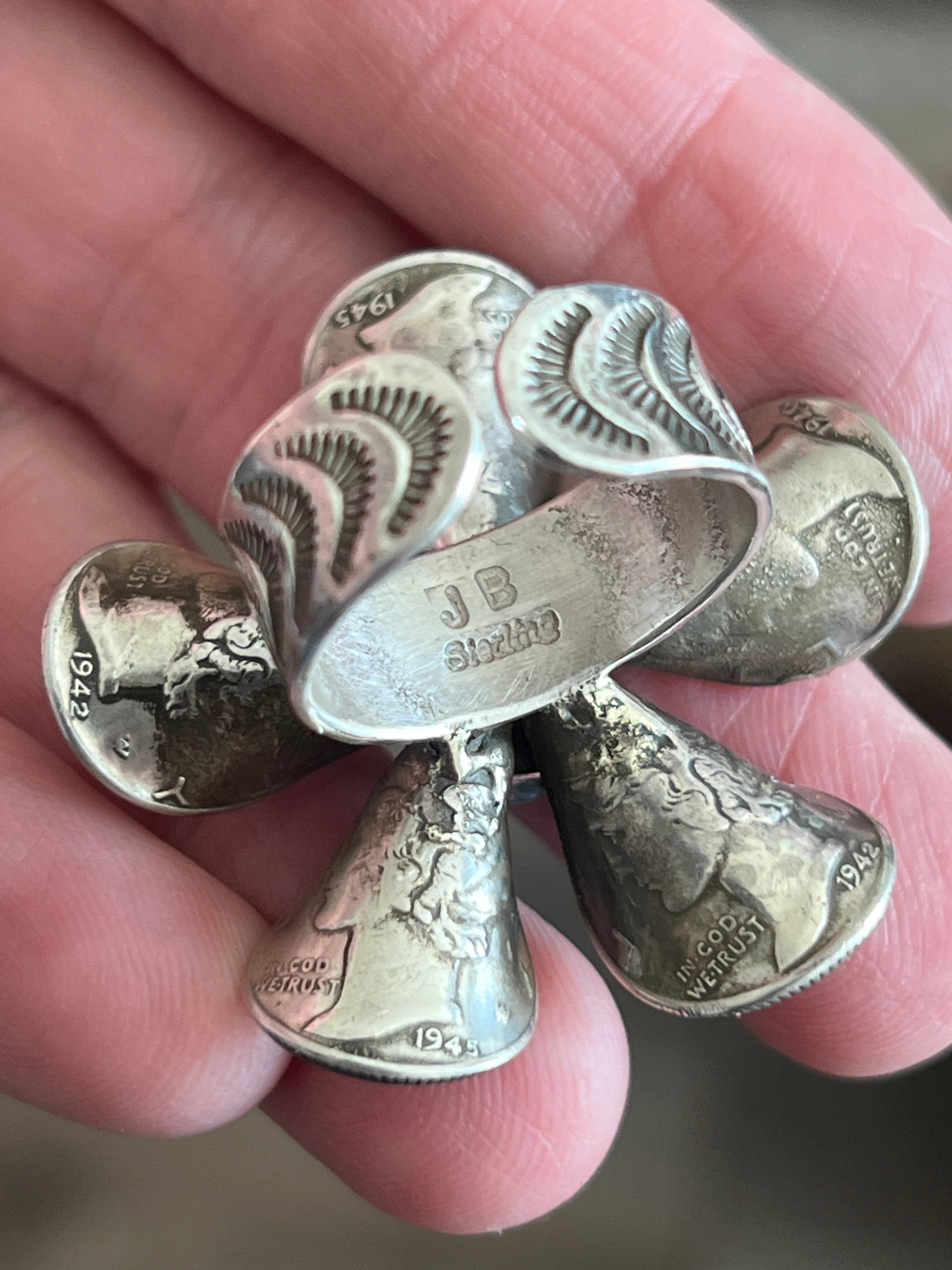 Handcrafted Sterling and Coin Silver Mercury Dime Flower Ring with Orange Spiny Oyster by James Begay, Adjustable