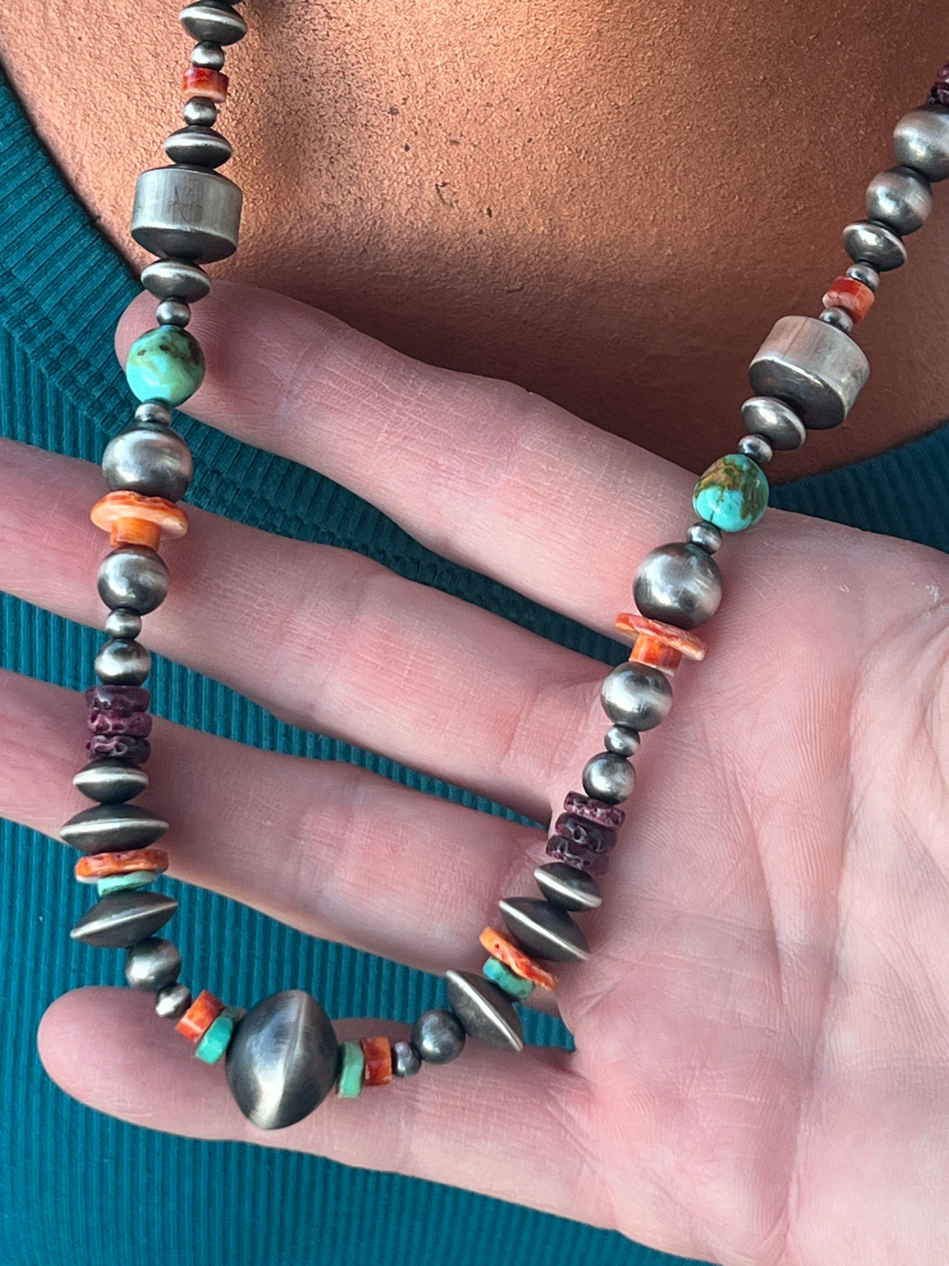 Rose Martin Electric Rainbow Sterling Silver, Turquoise and Spiny Oyster Single Strand Beaded Necklace, 22 inches