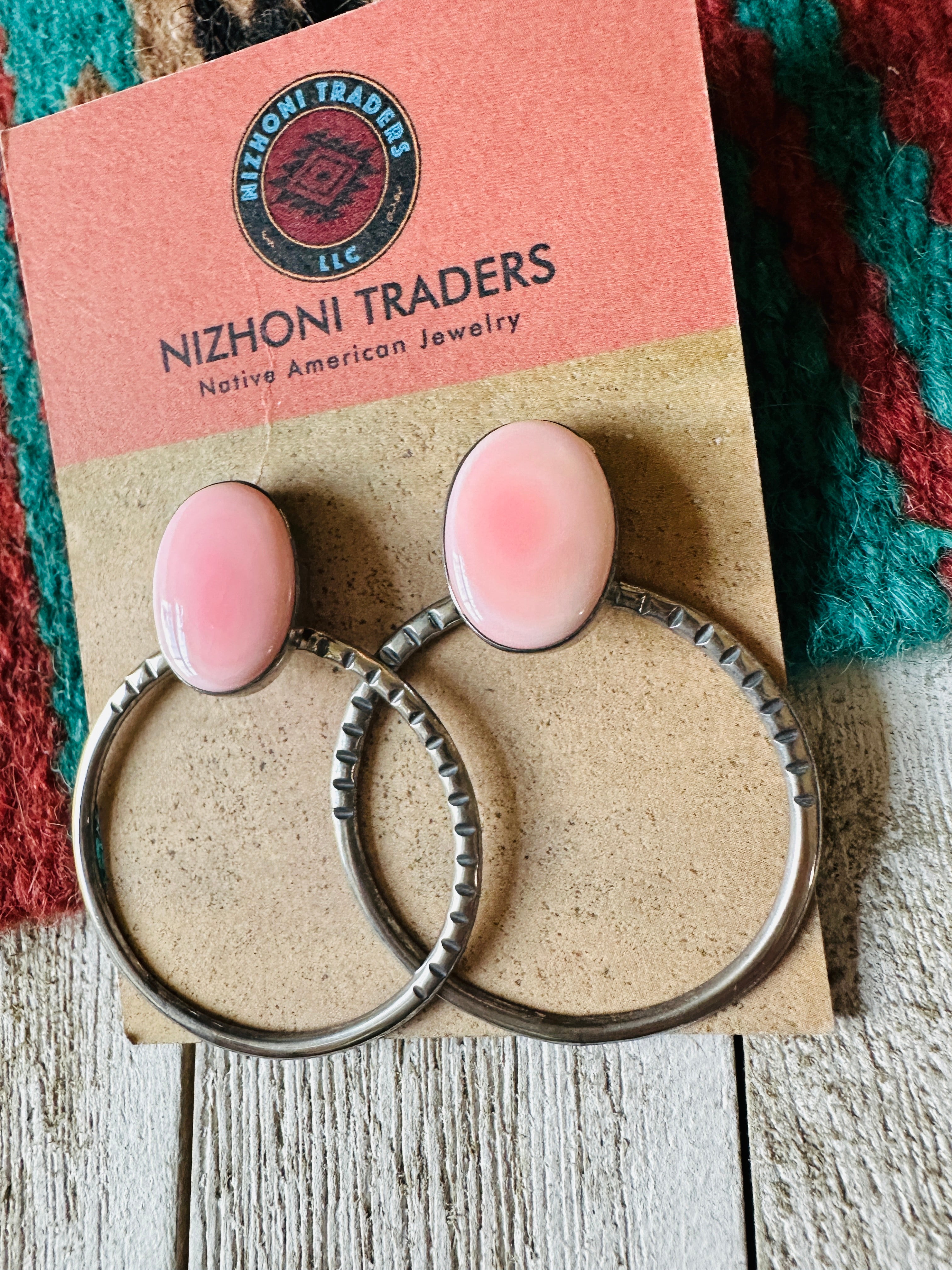 Navajo Queen Pink Conch & Sterling Silver Hoop Earrings