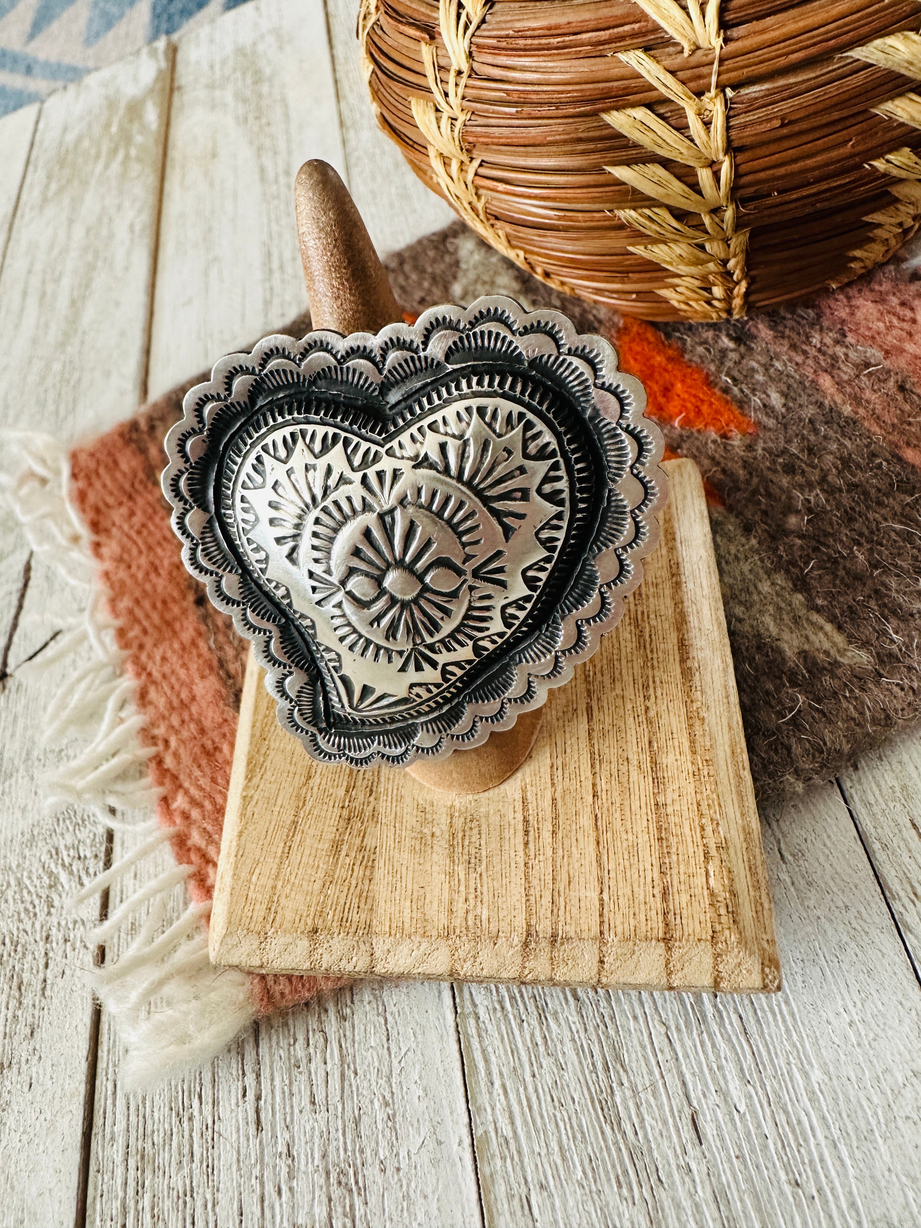 Navajo Hand Stamped Sterling Silver Adjustable Heart Ring by Leander Tahe