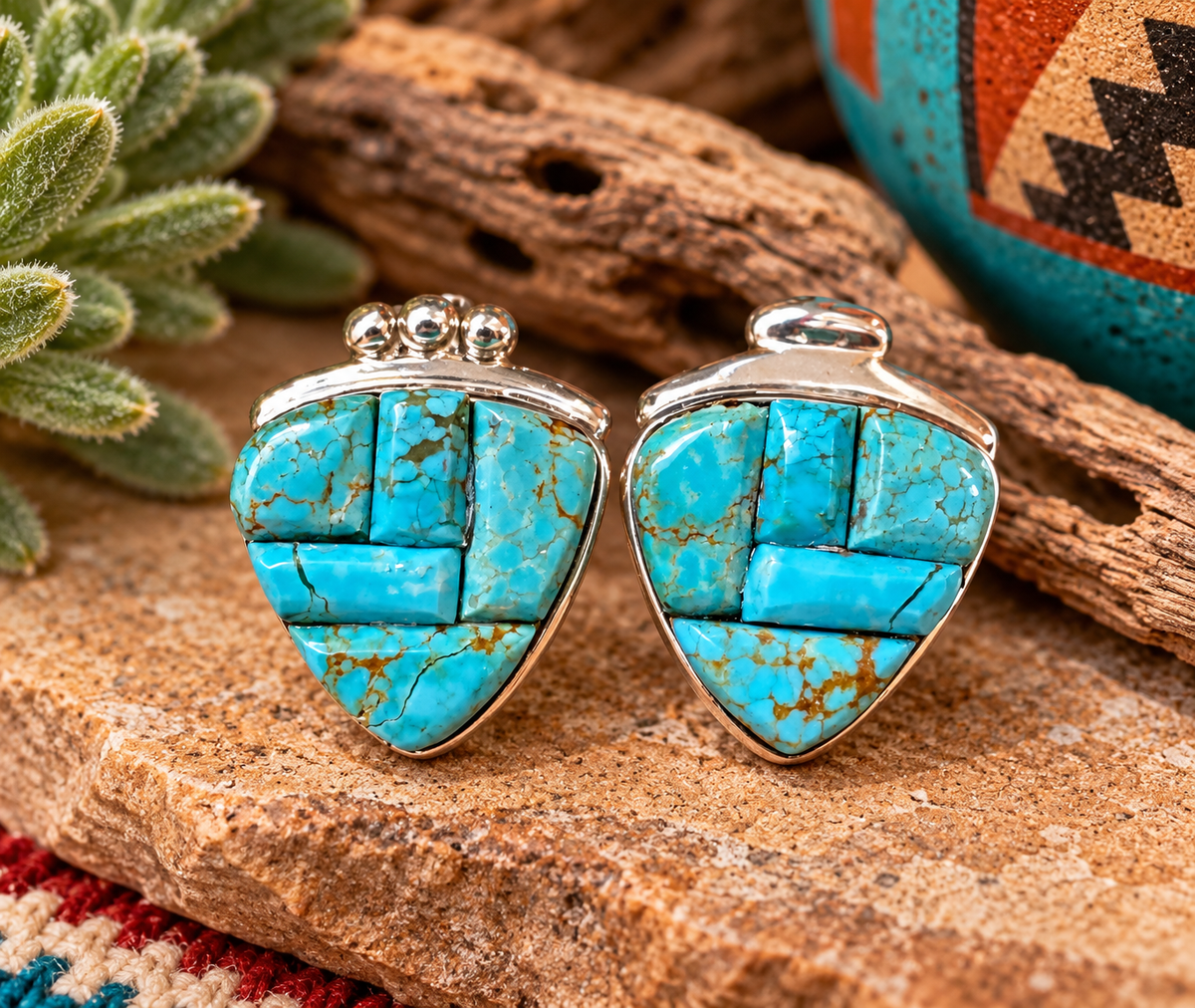 Handcrafted Turquoise # 8 Sterling Silver Stud Earrings