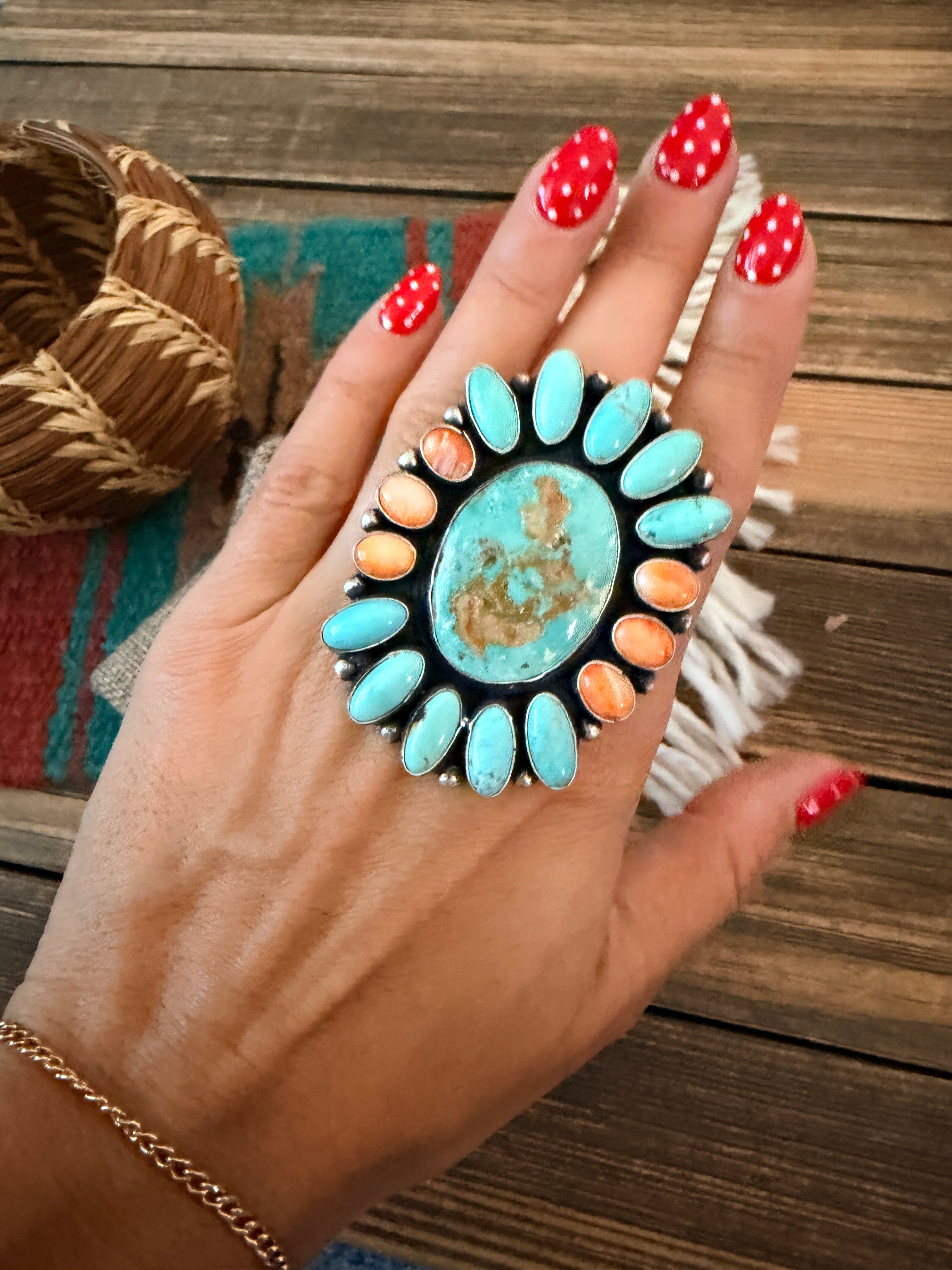 Handcrafted Spiny Oyster, Turquoise & Sterling Silver Cluster Ring by Sheila Becenti Size 10