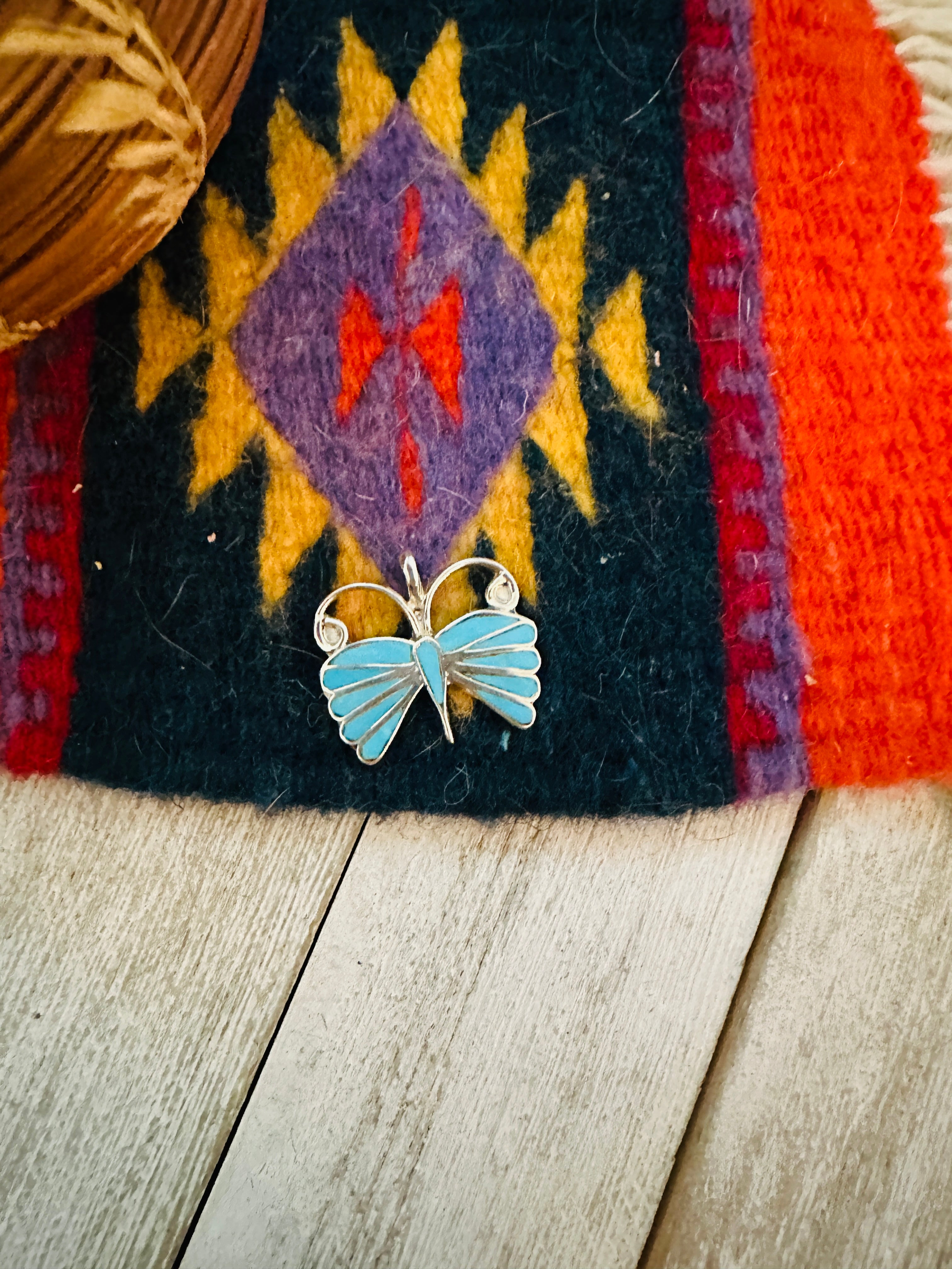 Navajo Sterling Silver & Turquoise Inlay Butterfly Pendant