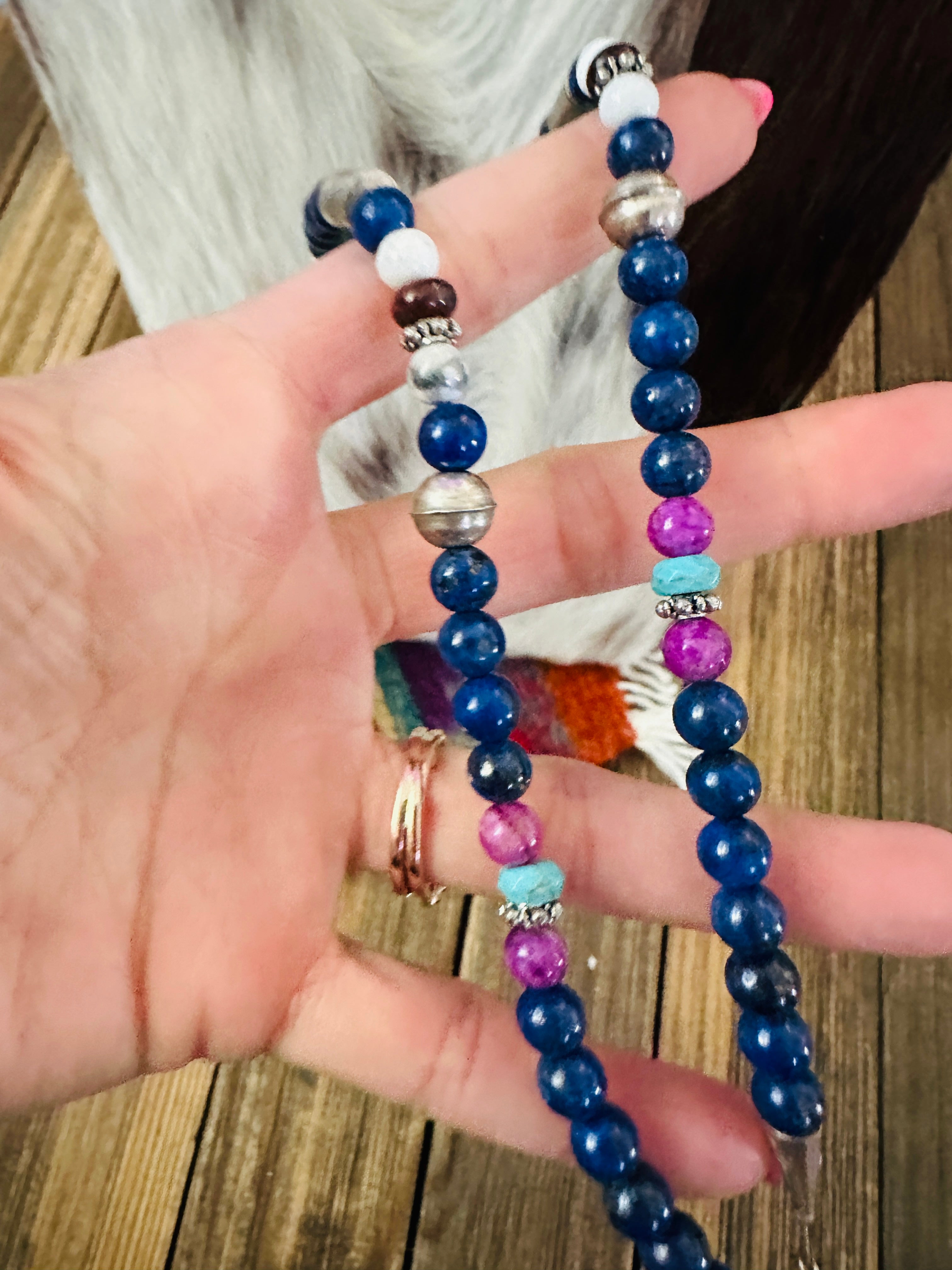 Handcrafted Multi Stone & Sterling Silver Beaded 16” Necklace by T & R Singer