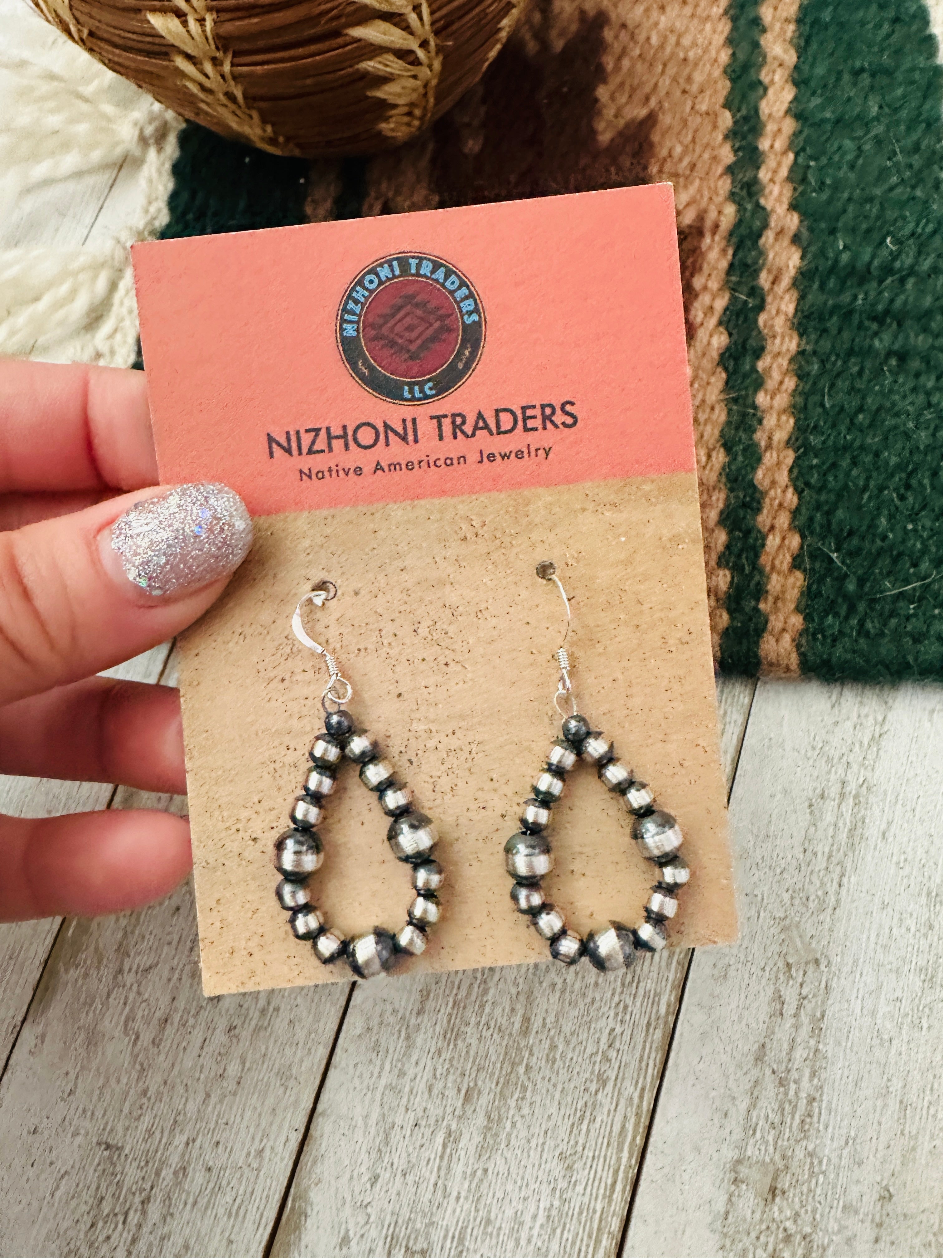 Navajo Sterling Silver Pearl Beaded Dangle Hoop Earrings