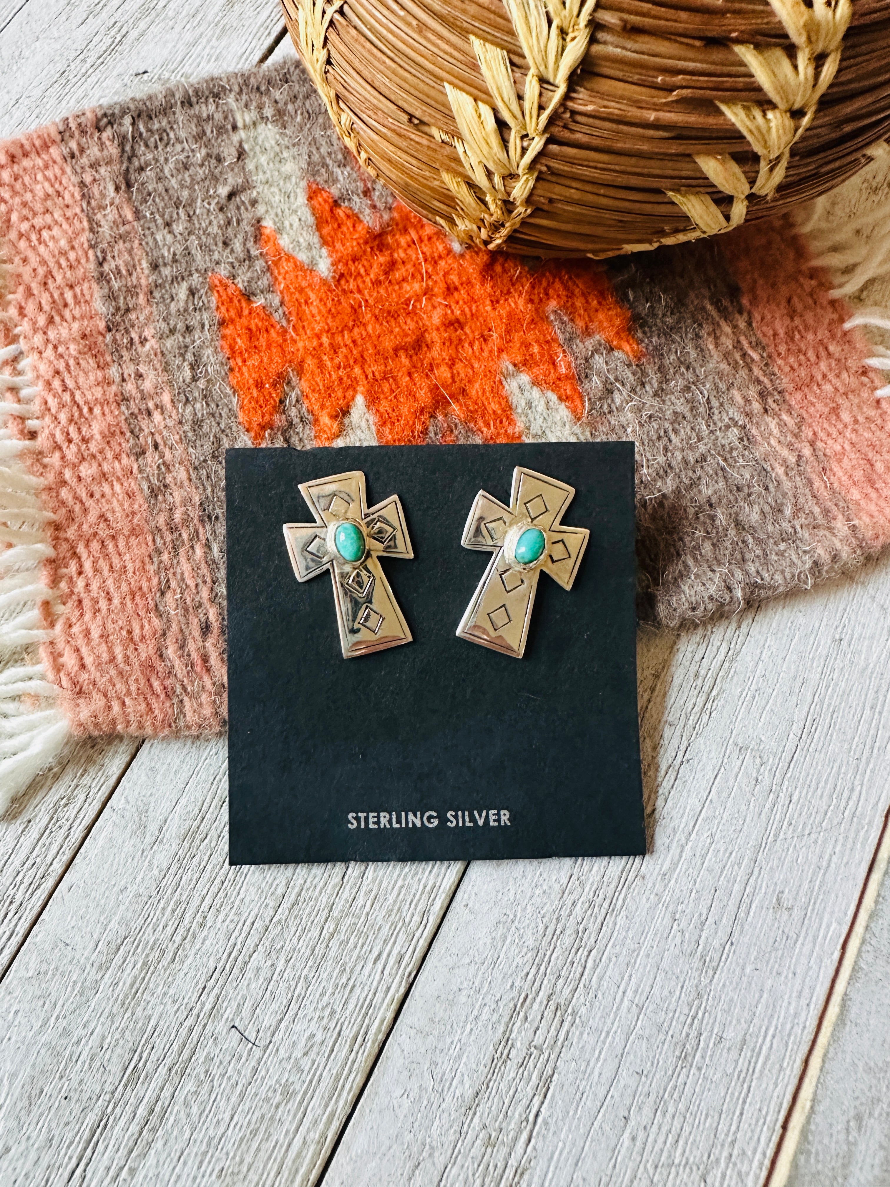 Navajo Sterling Silver & Turquoise Cross Post Earrings