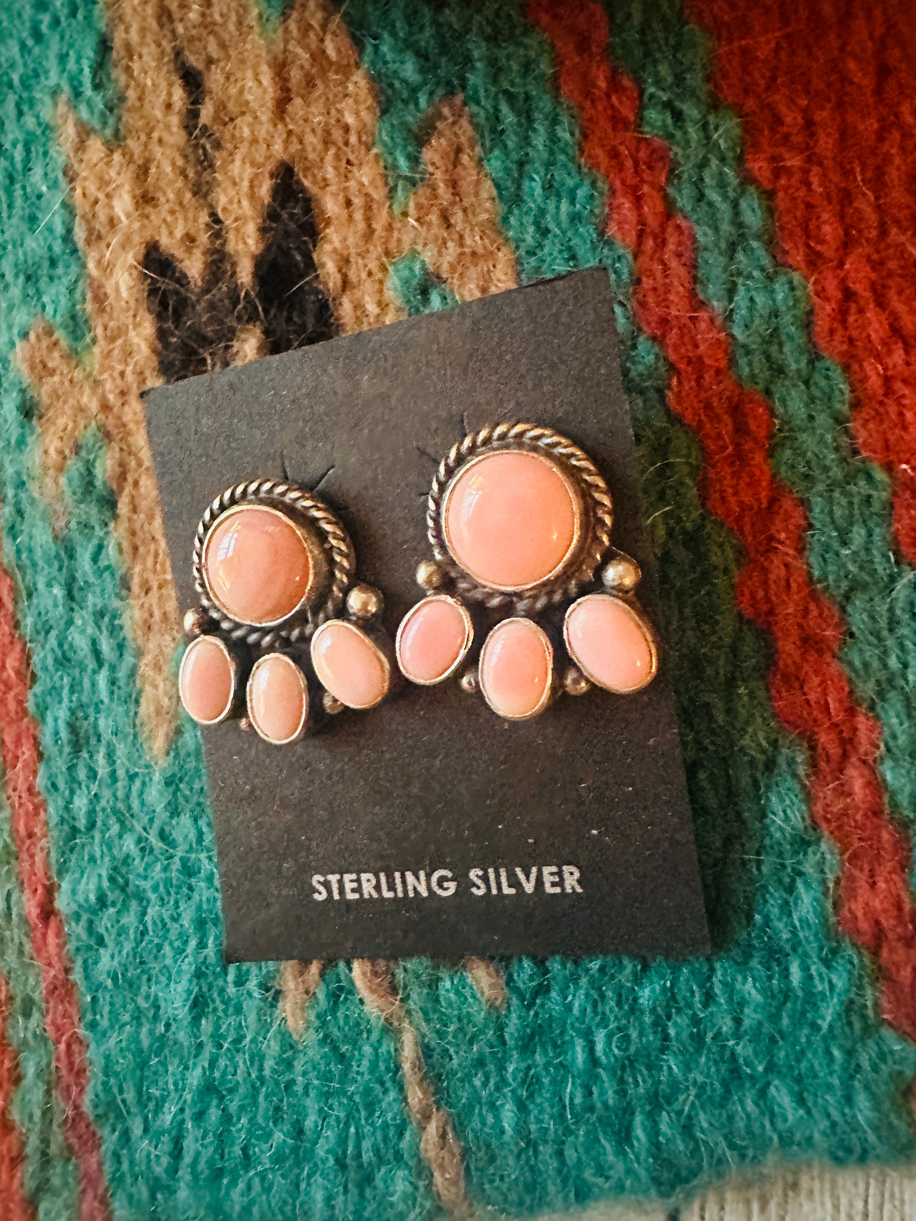 Navajo Sterling Silver & Queen Pink Conch Cluster Post Earrings