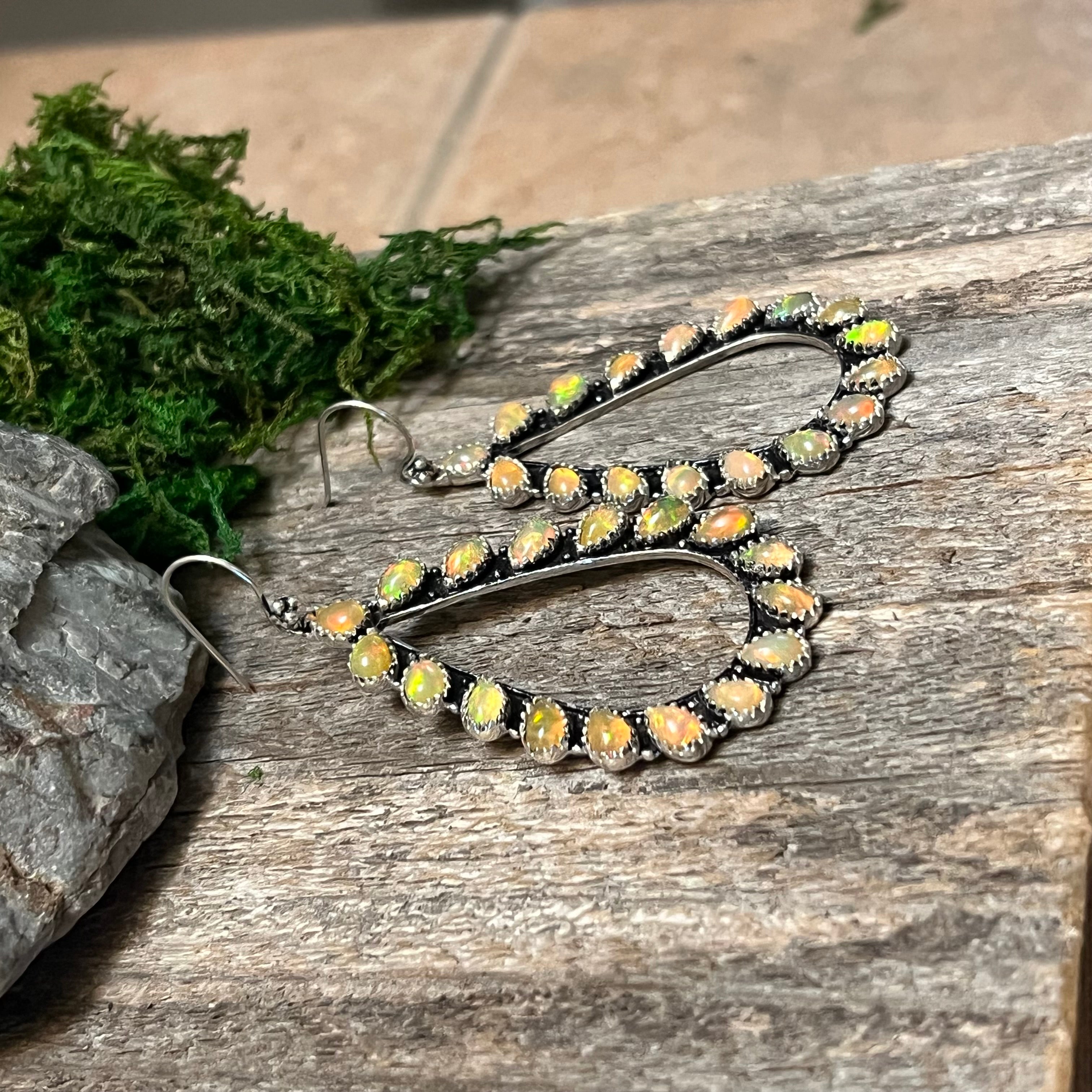 Handmade Sterling Silver & Orange Opal, Tear Drop-Cluster Wire Earrings