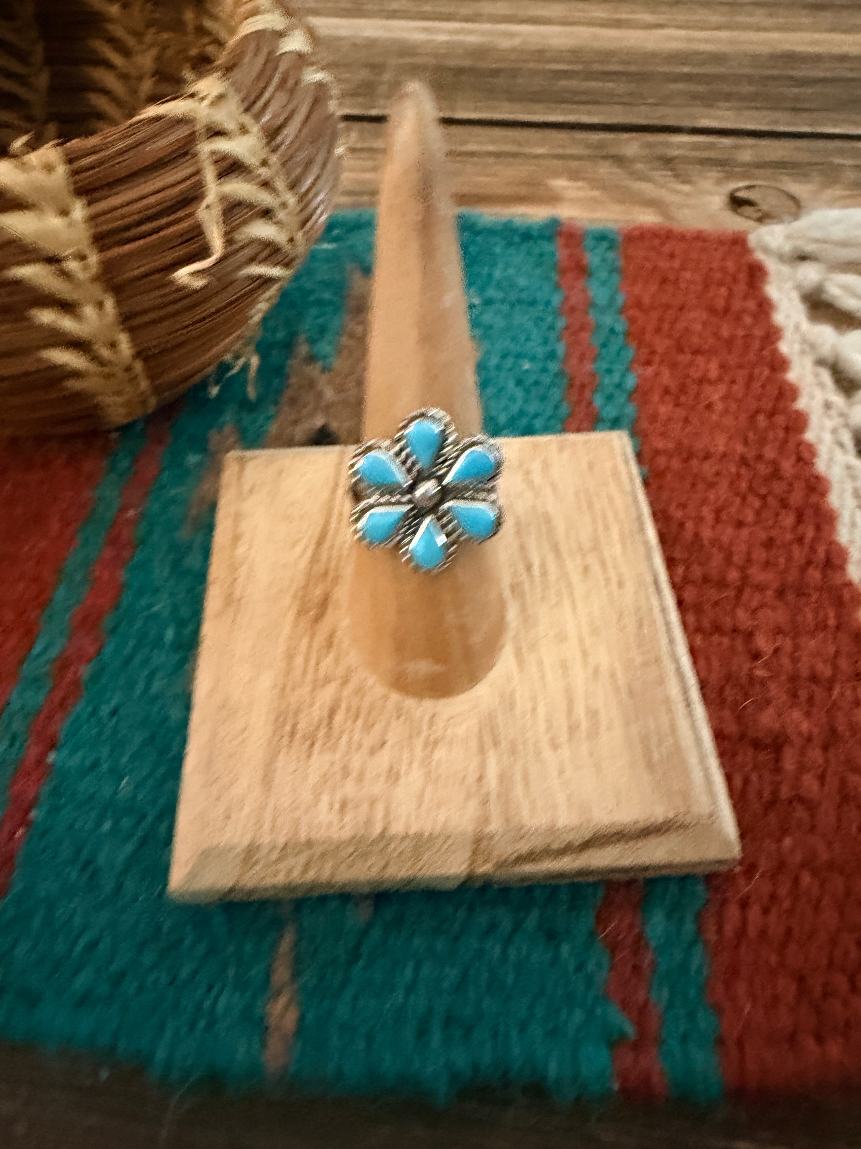 Handcrafted Turquoise & Sterling Silver Cluster Ring Size 7.75