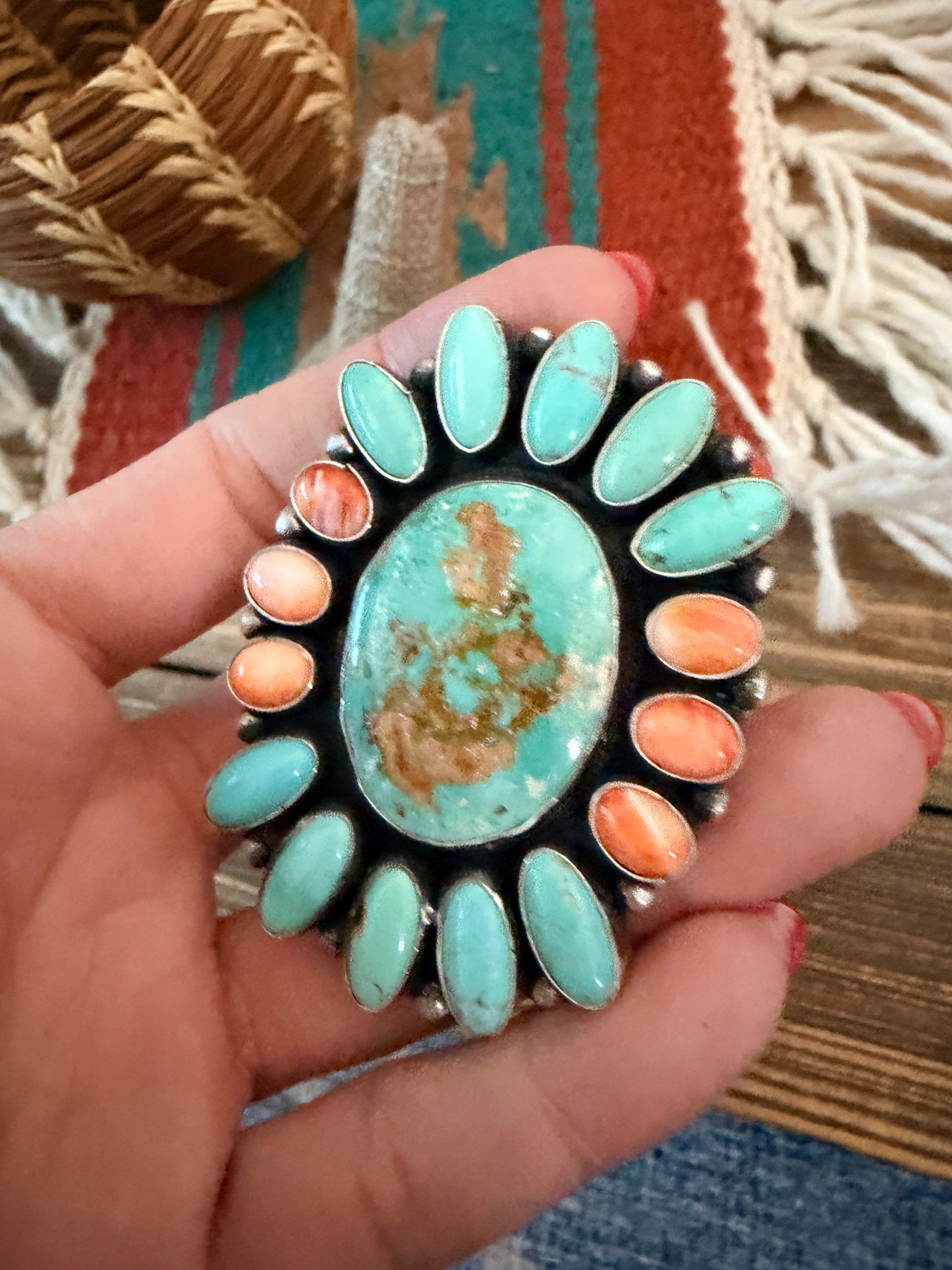 Handcrafted Spiny Oyster, Turquoise & Sterling Silver Cluster Ring by Sheila Becenti Size 10