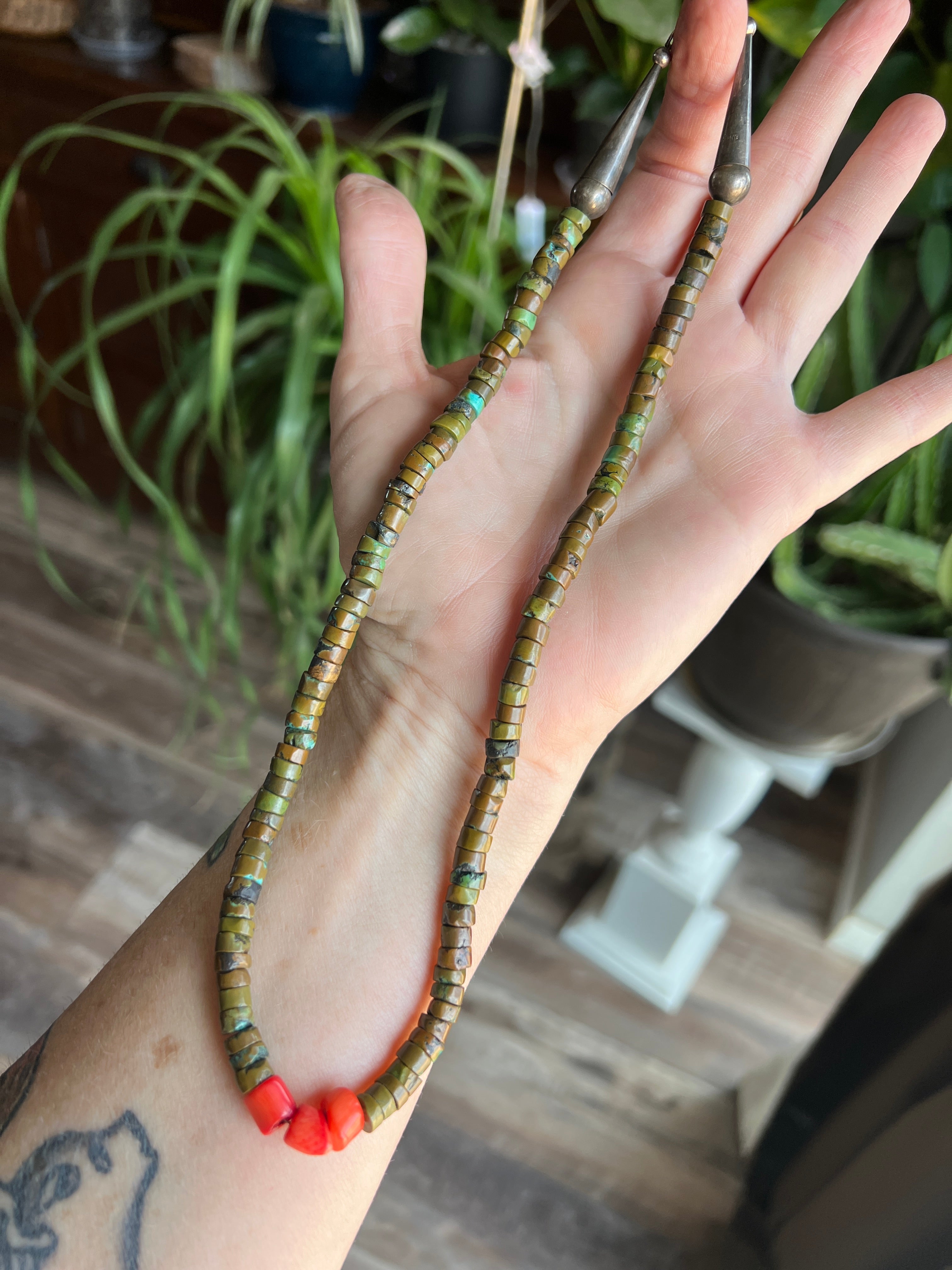 Handcrafted Hubei Turquoise Beaded Necklace with Sterling Silver and Bamboo Coral by Kirby Smith: 13 To Choose From!