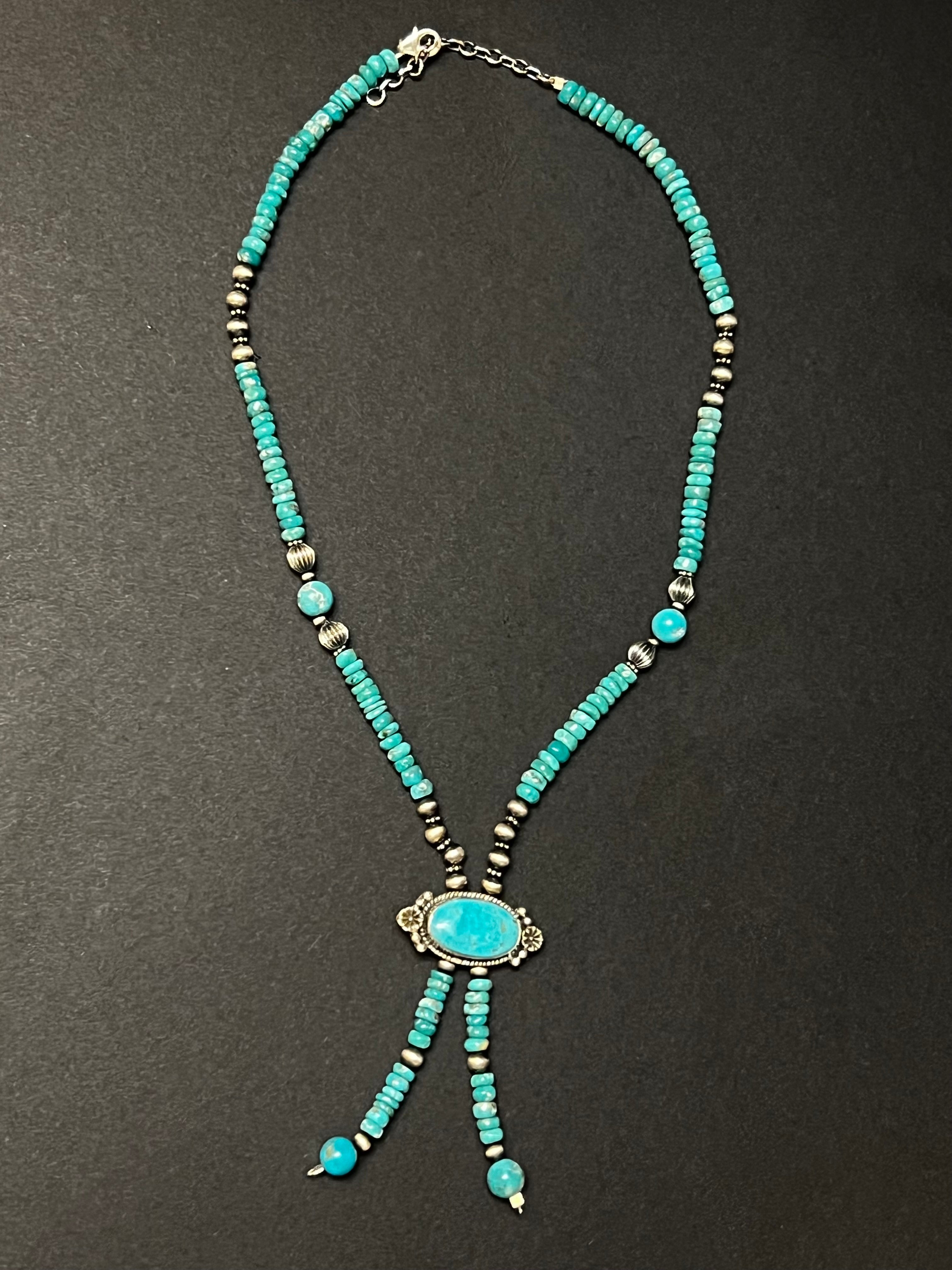 Handmade Sterling Silver Heishi Beaded Turquoise Tassel Bolo Necklace