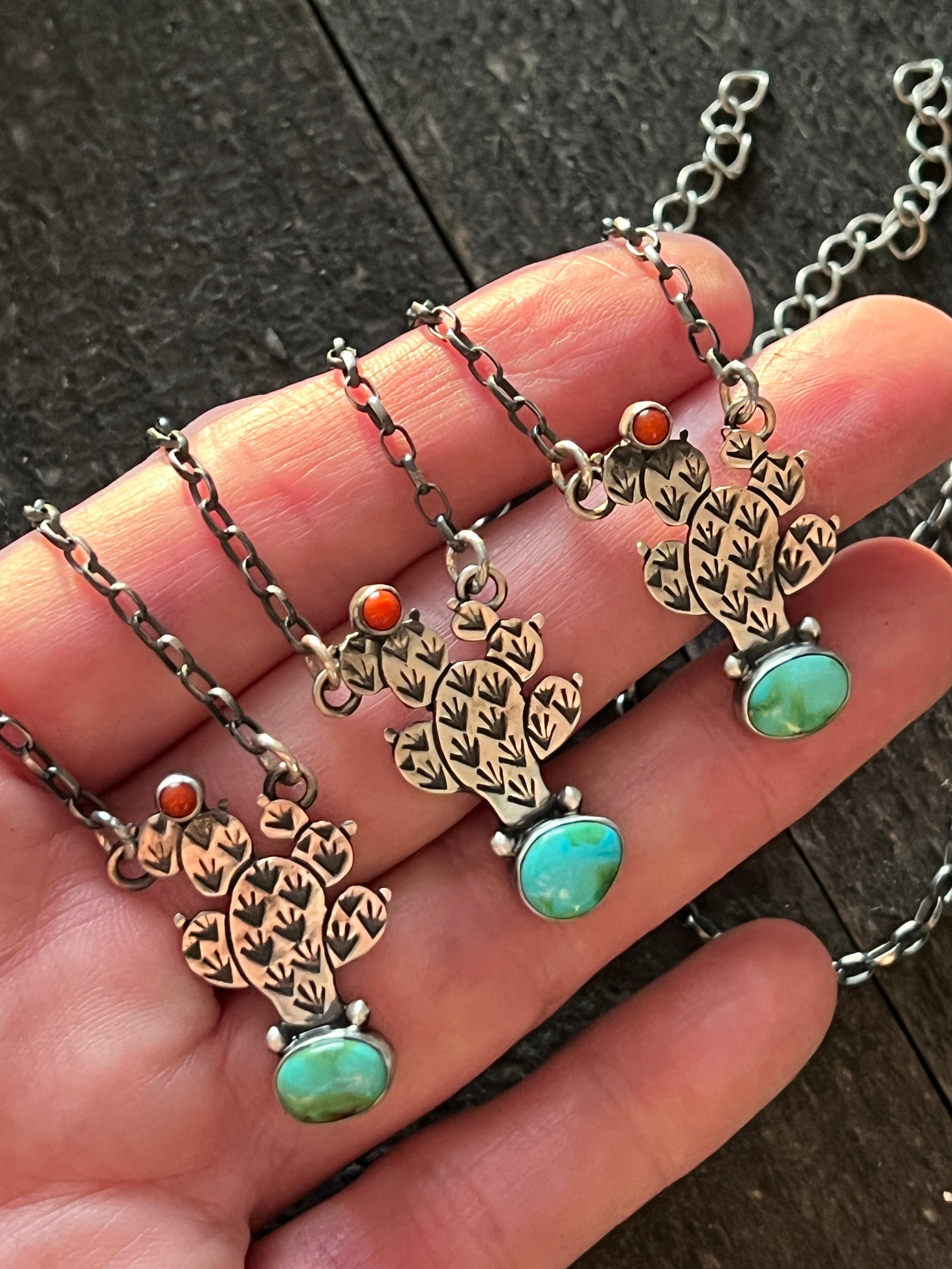 Handcrafted Petite Sterling Silver, Turquoise and Coral Cactus Link Chain Necklace, 16” + 1.5”