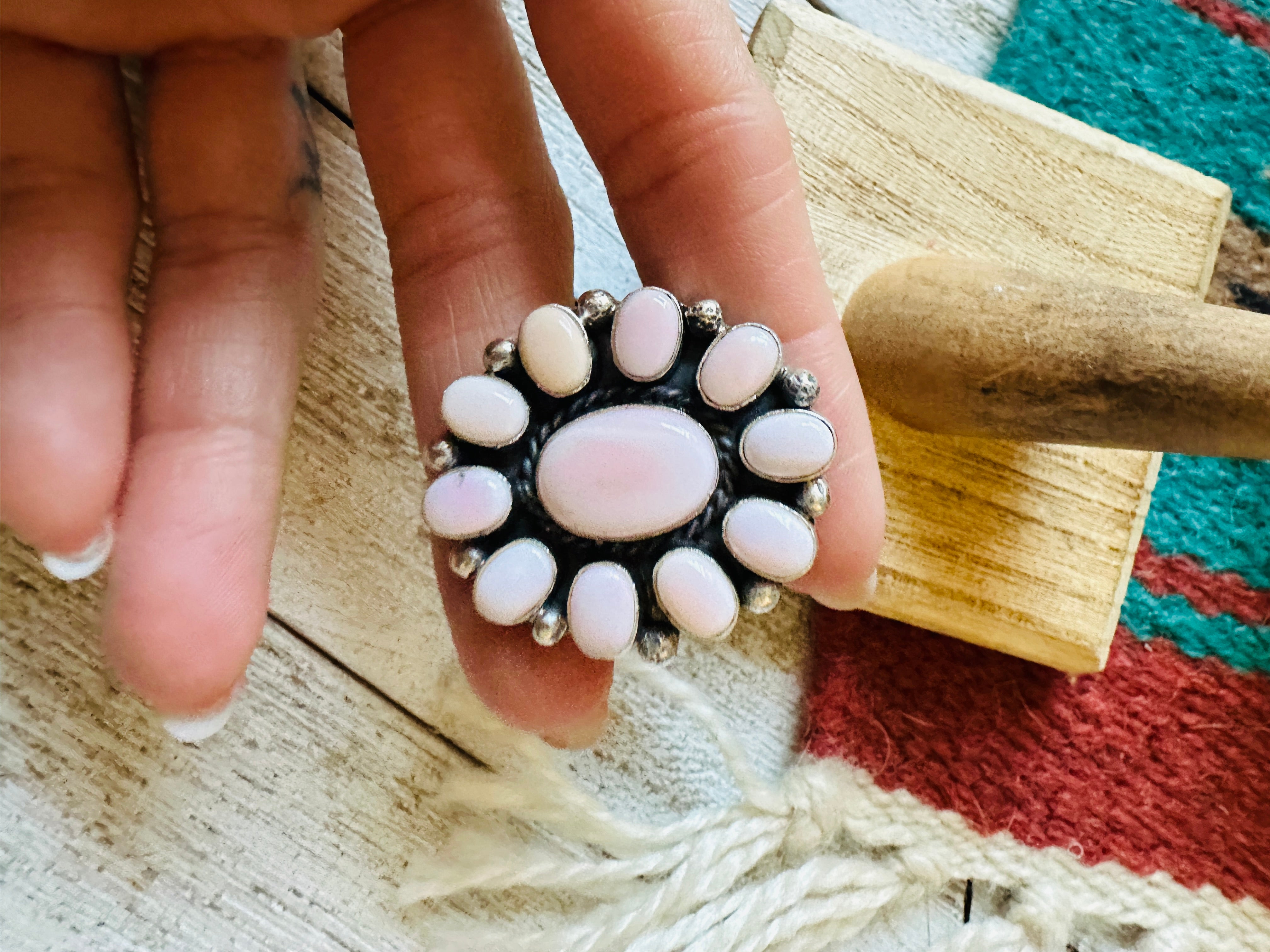 Navajo Sterling Silver & Queen Pink Conch Cluster Adjustable Ring