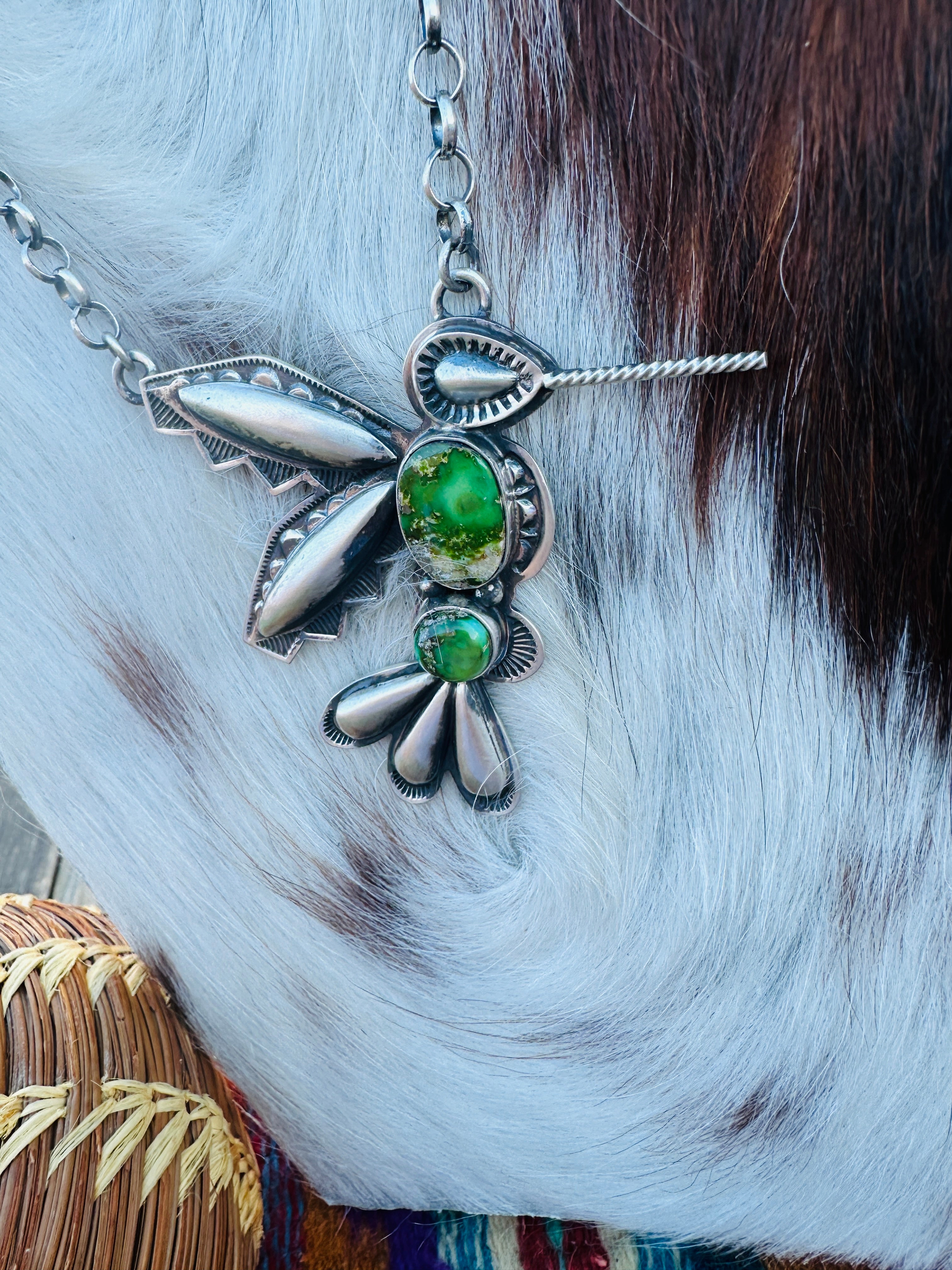 Handcrafted Sonoran Gold Turquoise & Sterling Silver Hummingbird Necklace by Charles Johnson