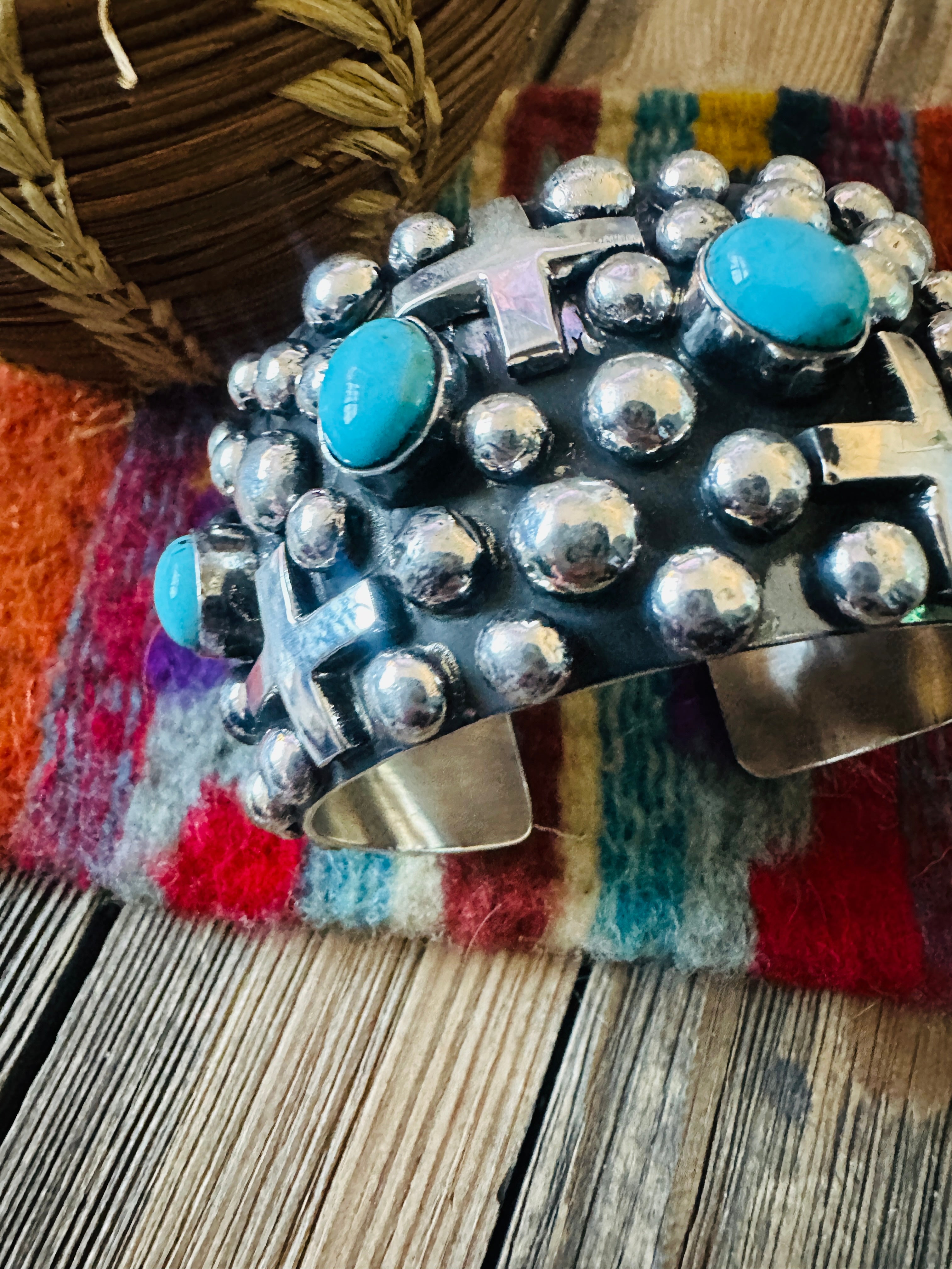 Handcrafted Turquoise & Sterling Silver Cross Cuff Bracelet By Chimney Butte