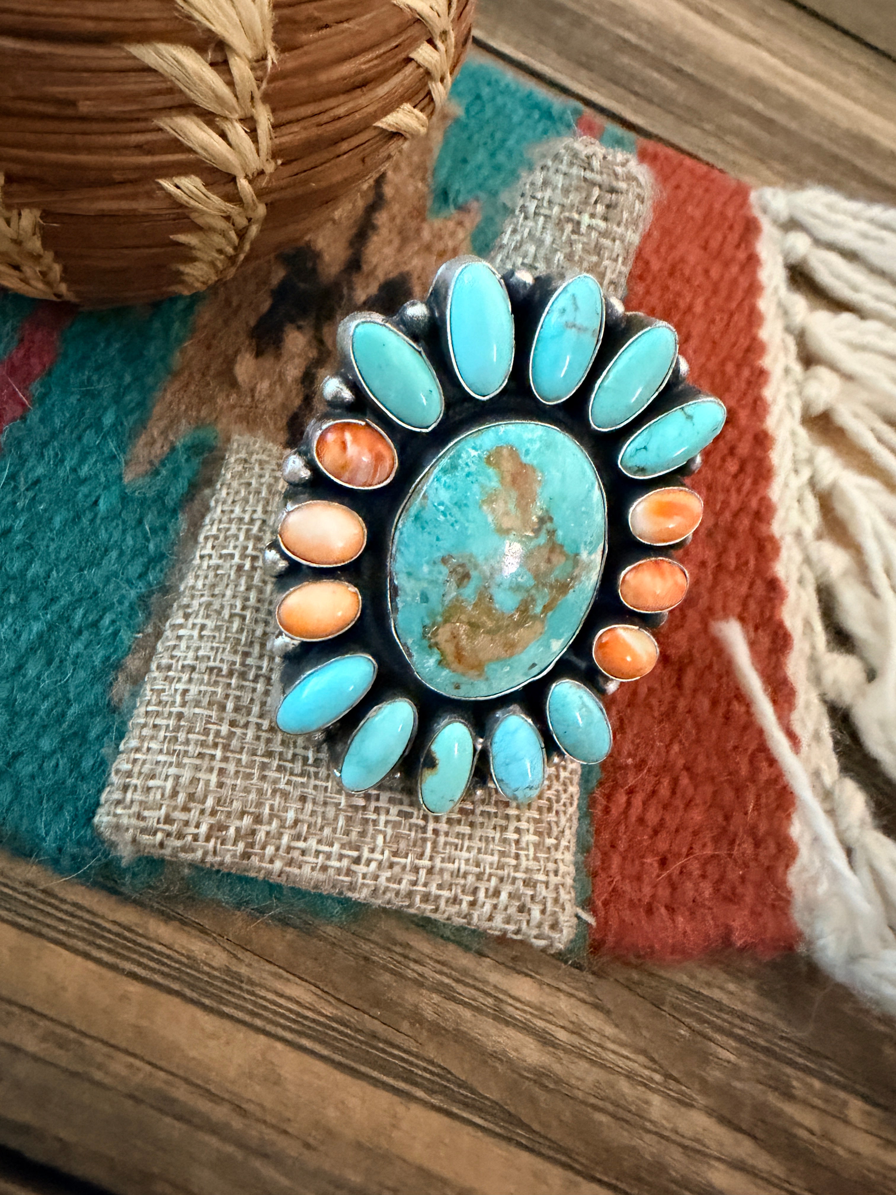 Handcrafted Spiny Oyster, Turquoise & Sterling Silver Cluster Ring by Sheila Becenti Size 10