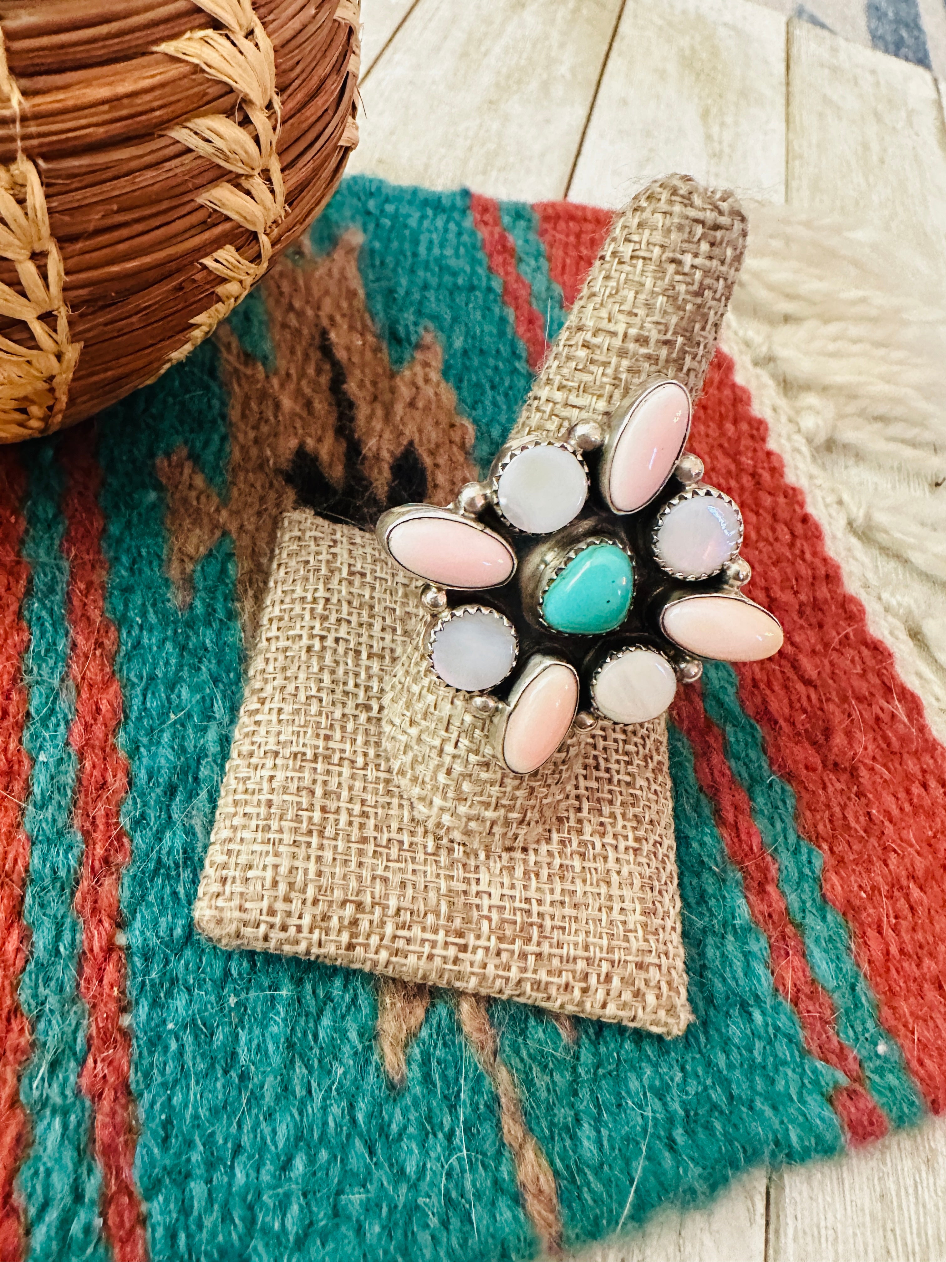 Handcrafted Queen Pink Conch, Mother of Pearl, Turquoise & Sterling Silver Adjustable Ring by Jacqueline Silver