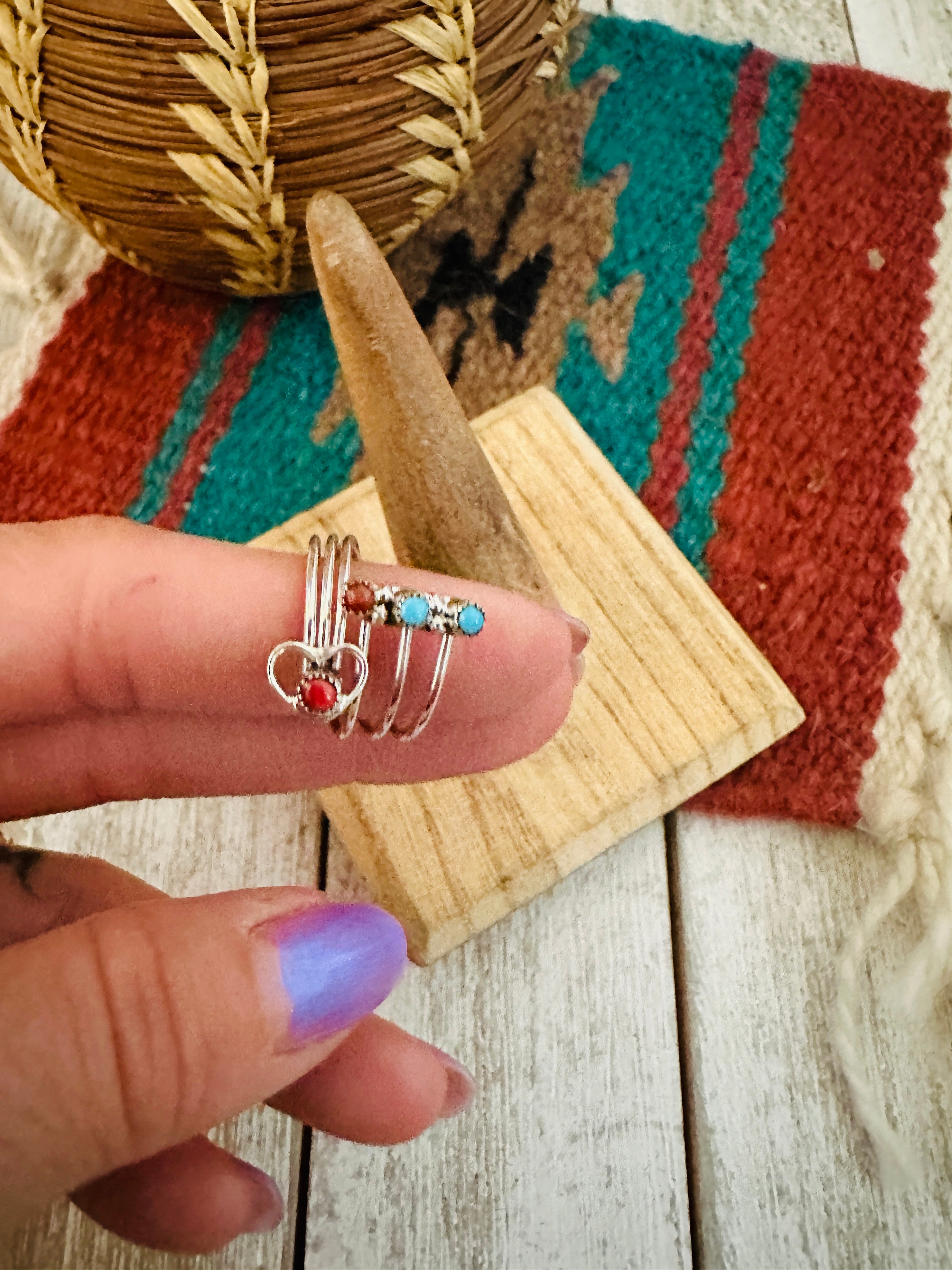 Zuni Turquoise, Coral & Sterling Silver Heart Adjustable Ring