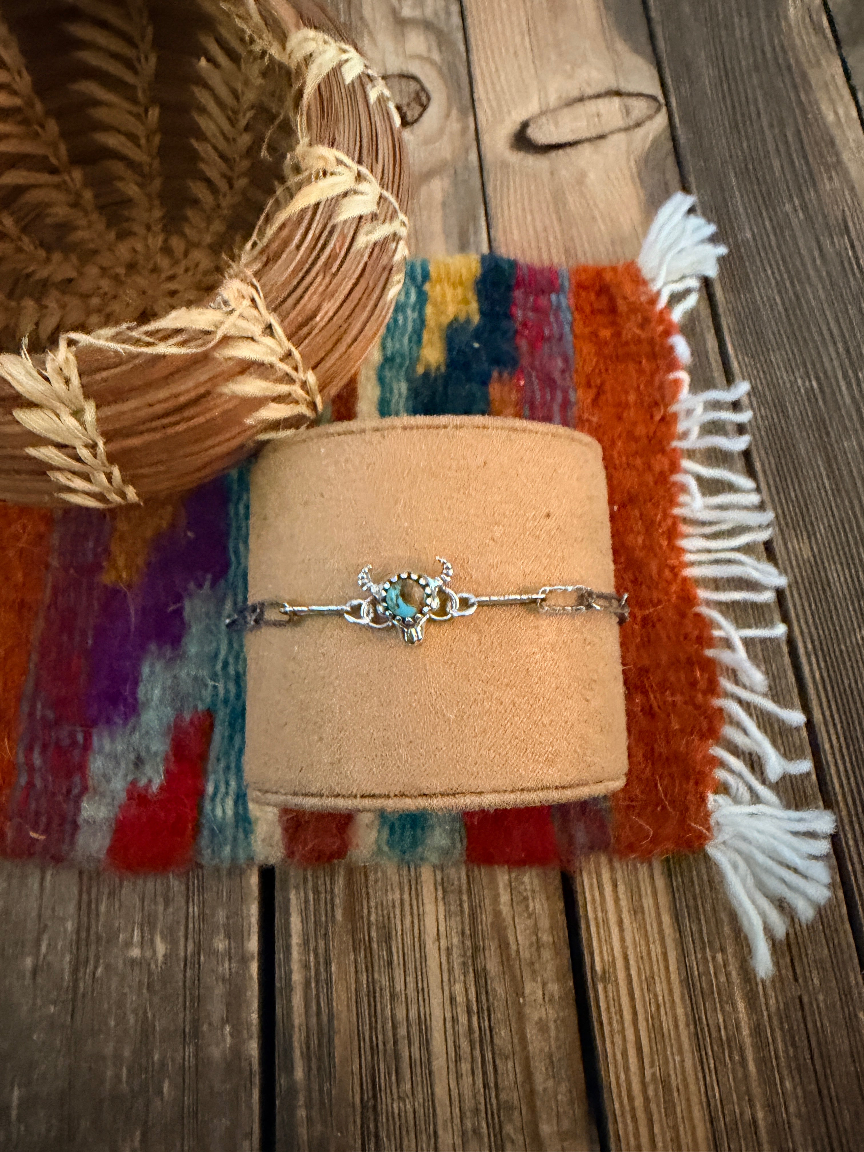 Handmade Sterling Silver and Turquoise Bullhead Link Bracelet