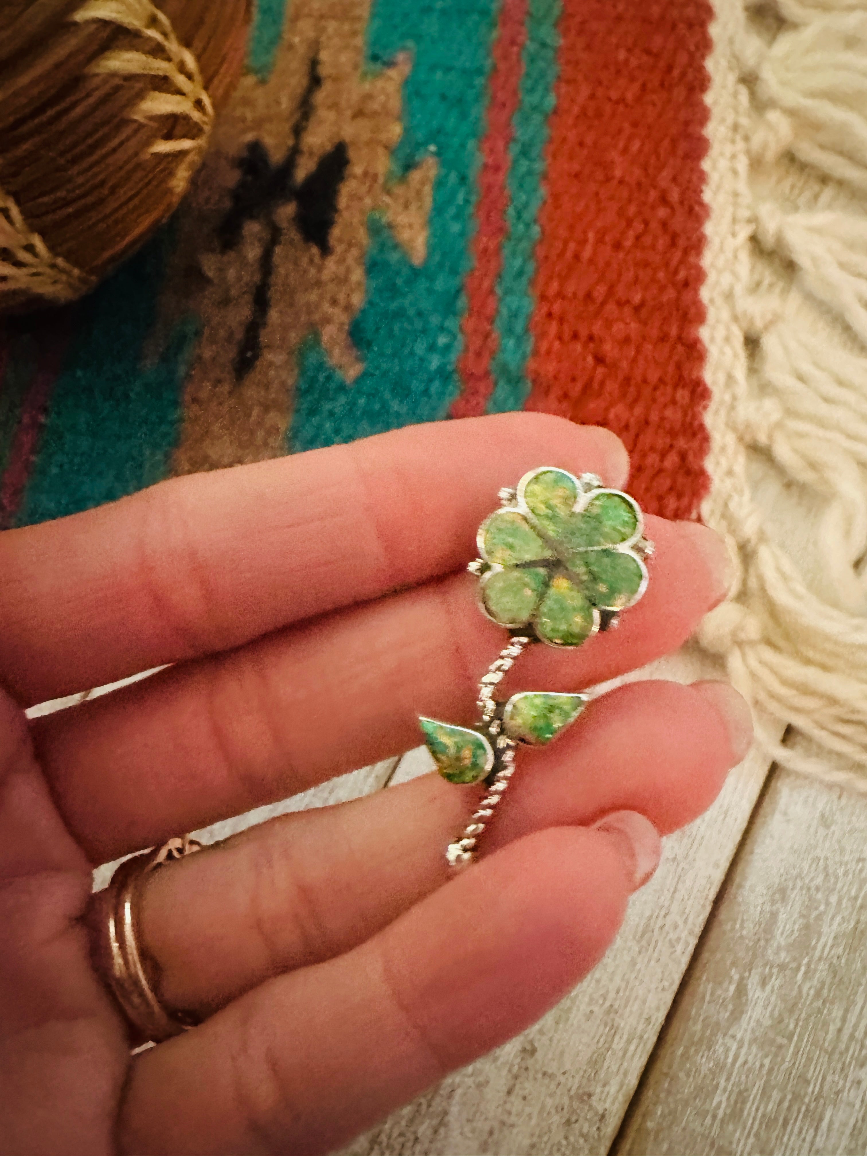 Zuni Green Opal & Sterling Silver Inlay Flower Pendant