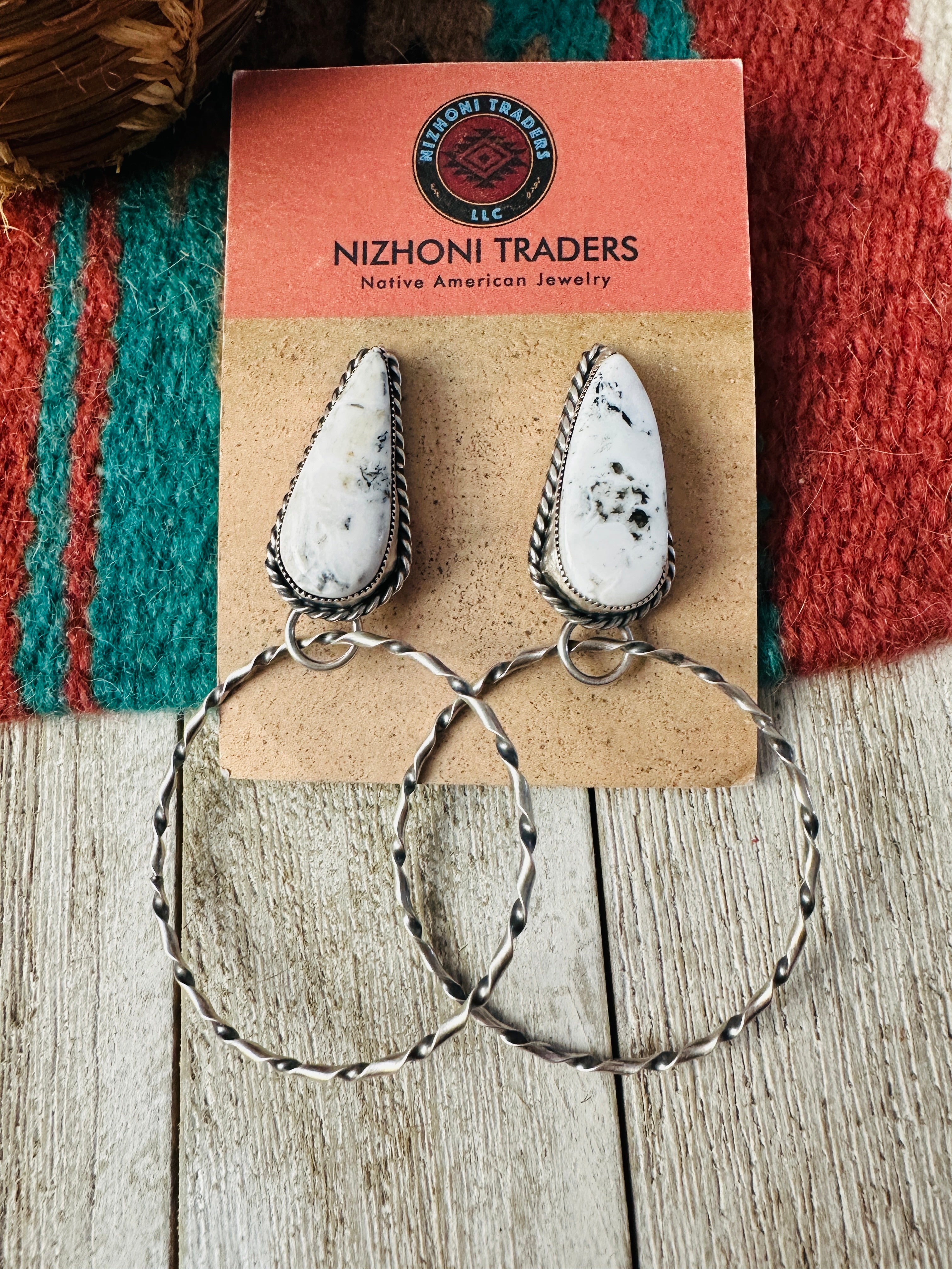 Handcrafted White Buffalo & Sterling Silver Dangle Hoop Earrings