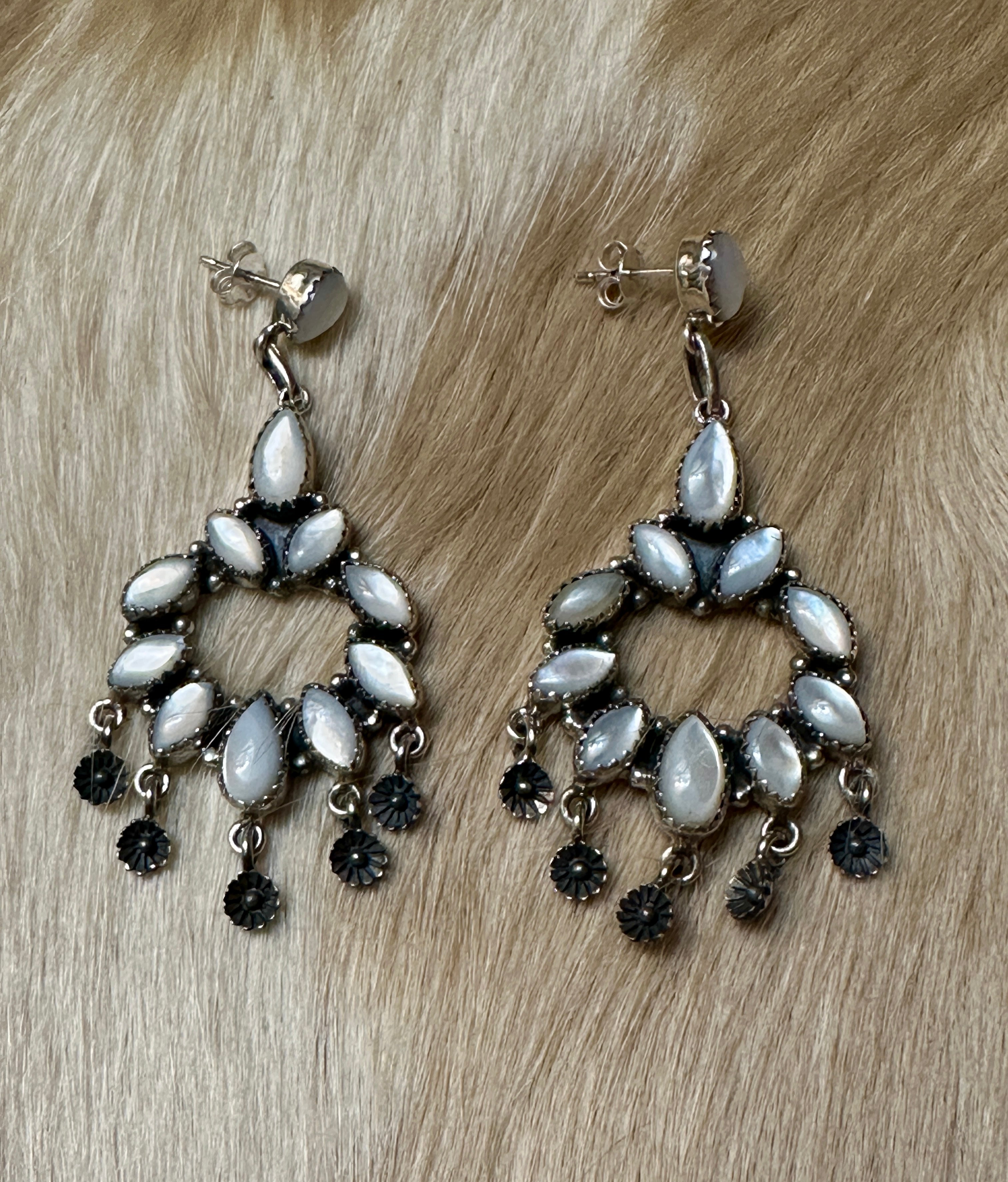 Handmade Mother Of Pearl Marquise Sterling Silver Dangle Earrings