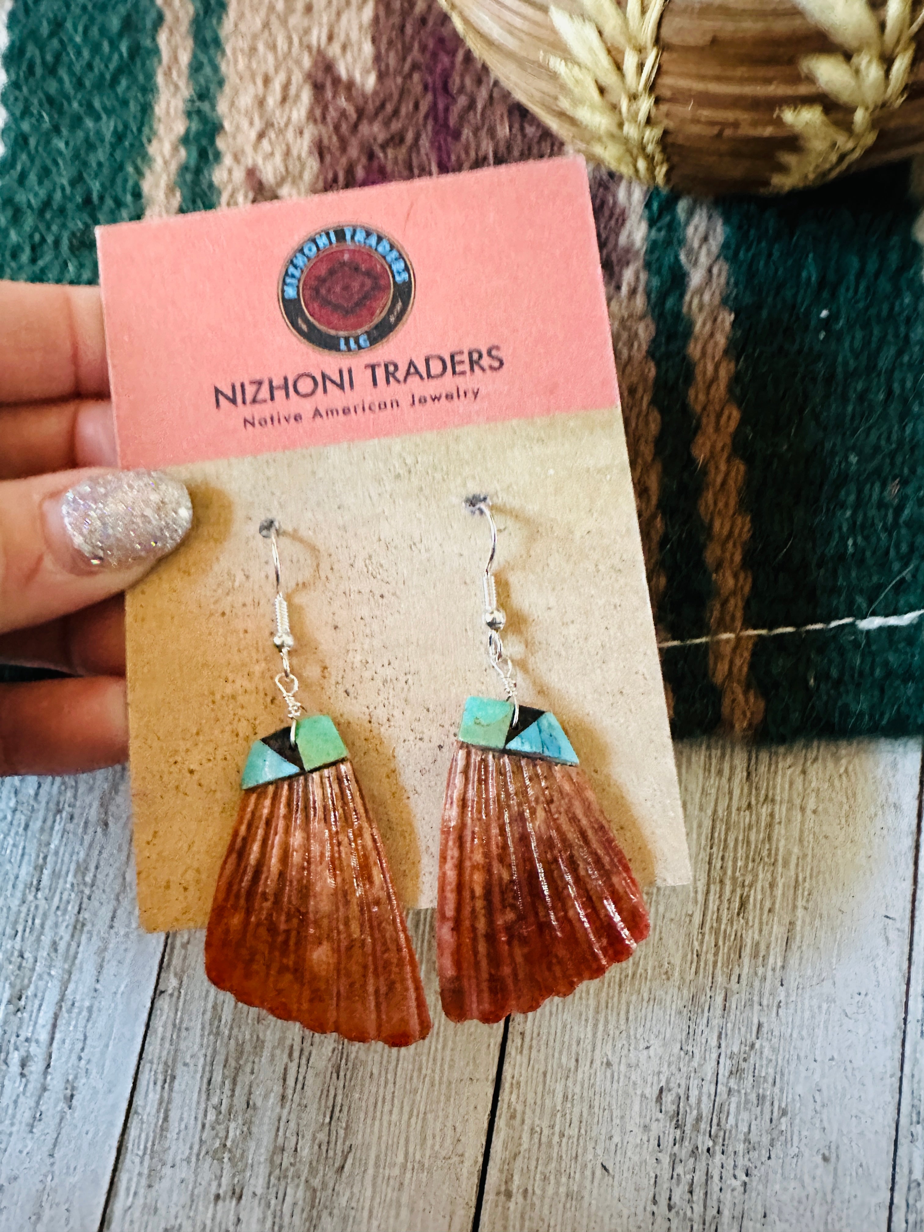 Santo Domingo Shell & Turquoise Feather Dangle Earrings