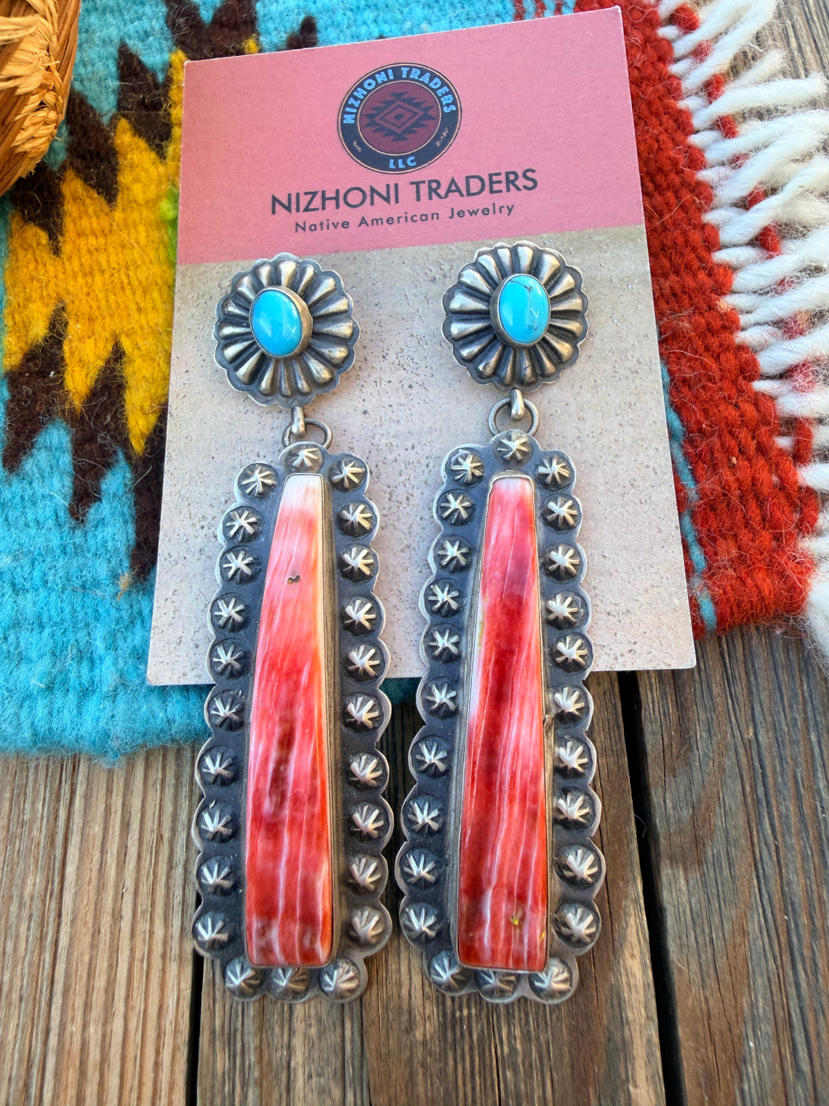 Handcrafted Spiny Oyster, Turquoise & Sterling Silver Dangle Earrings by Eugene Charley