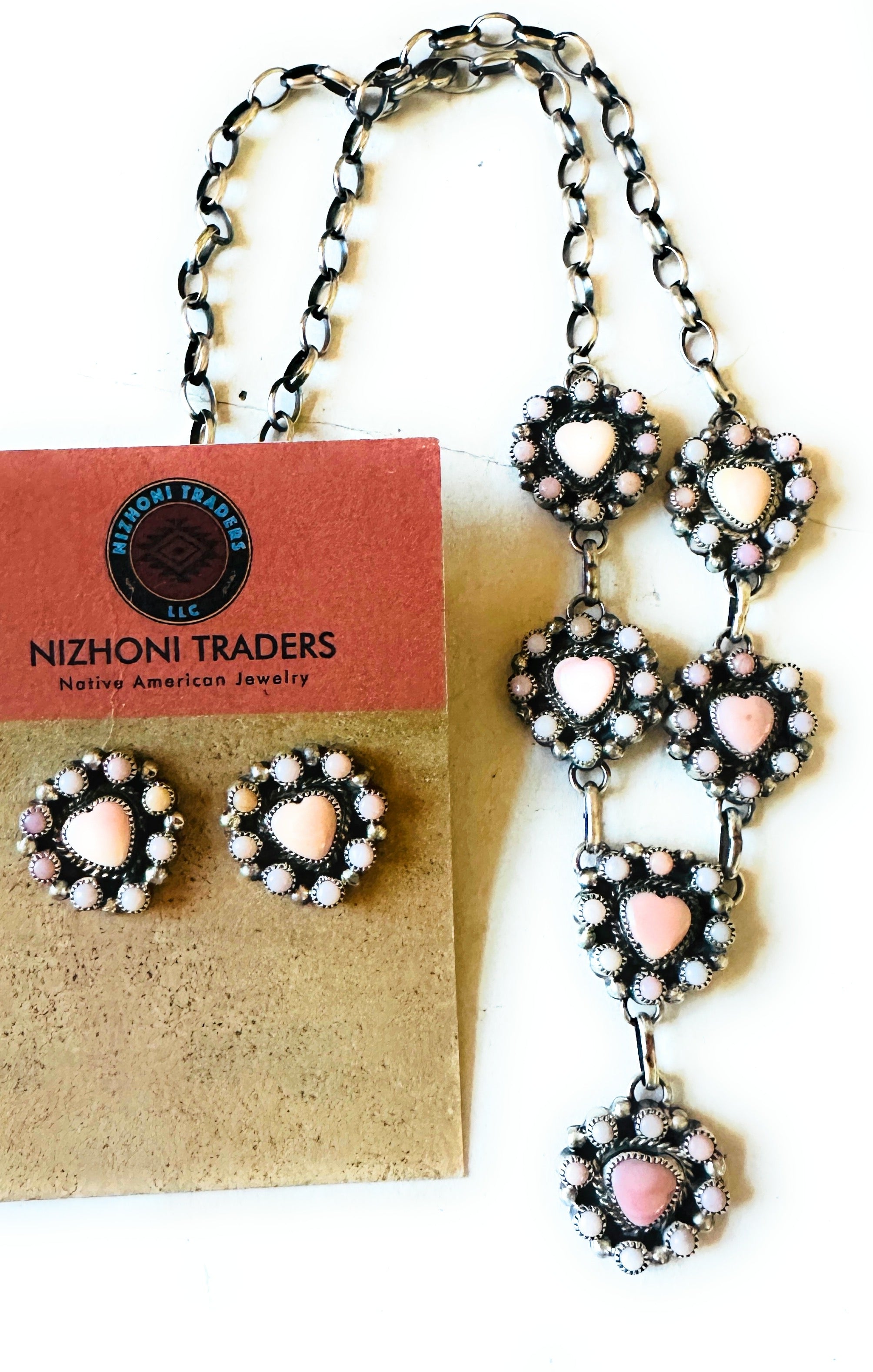 Navajo Queen Pink Conch & Sterling Silver Heart Necklace Set