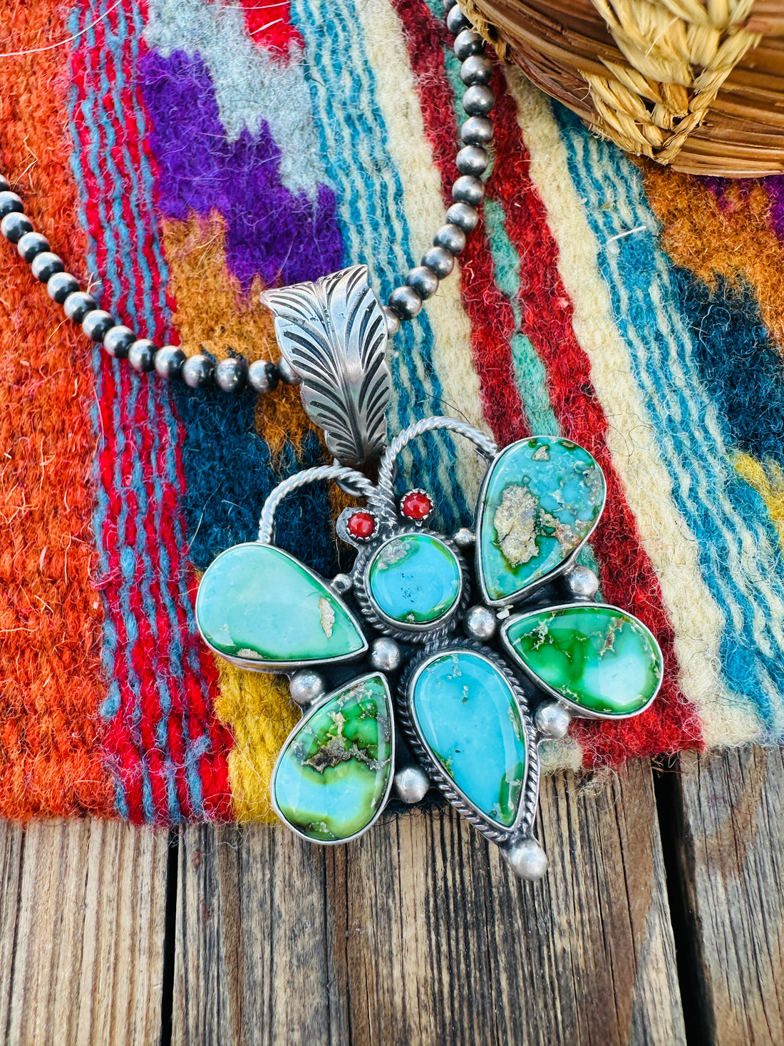 Handcrafted Sterling Silver, Turquoise & Coral Dragonfly Pendant by Emer Thompson