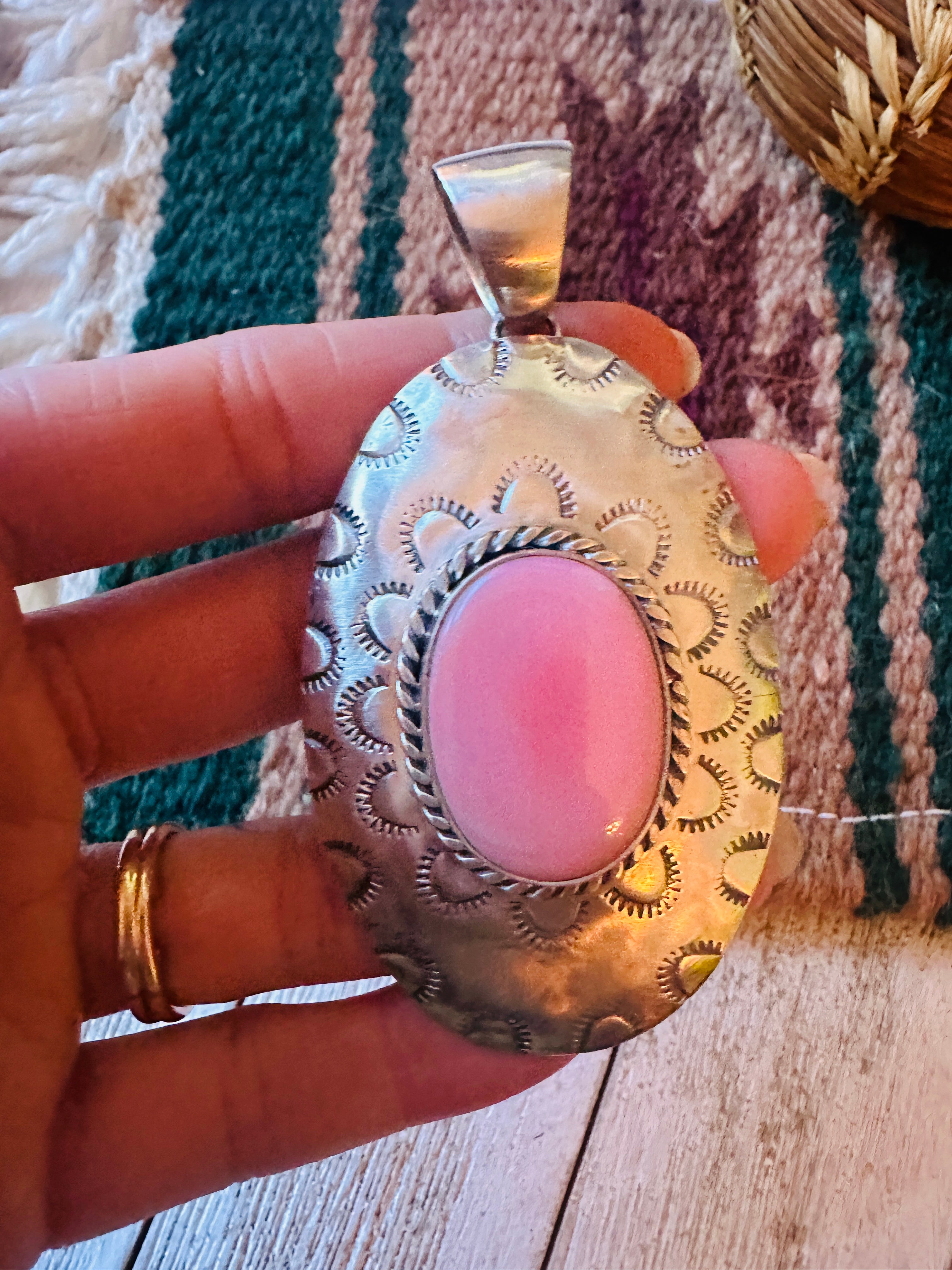 Navajo Queen Pink Conch Shell & Sterling Silver Concho Pendant