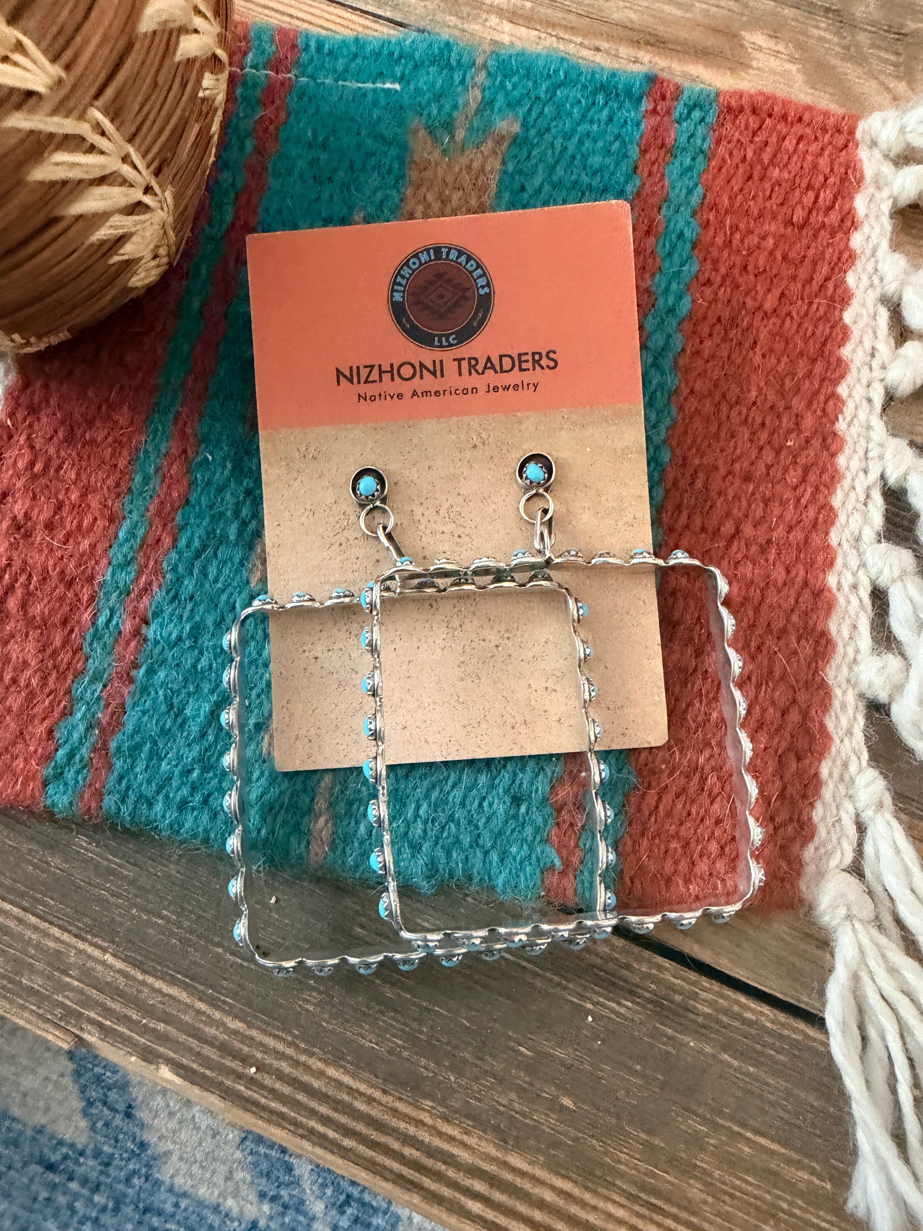 Handcrafted Turquoise & Sterling Silver Snake Eye Dangle Hoop Earrings