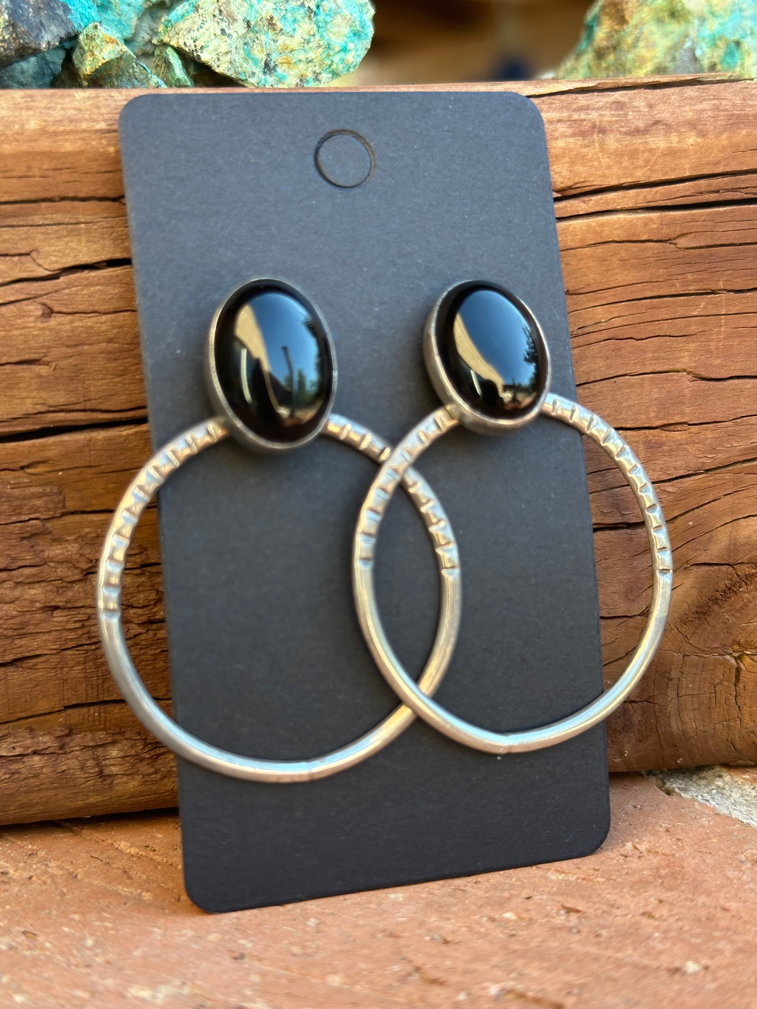 Navajo Sterling Silver & Black Onyx Post Hoop Earrings