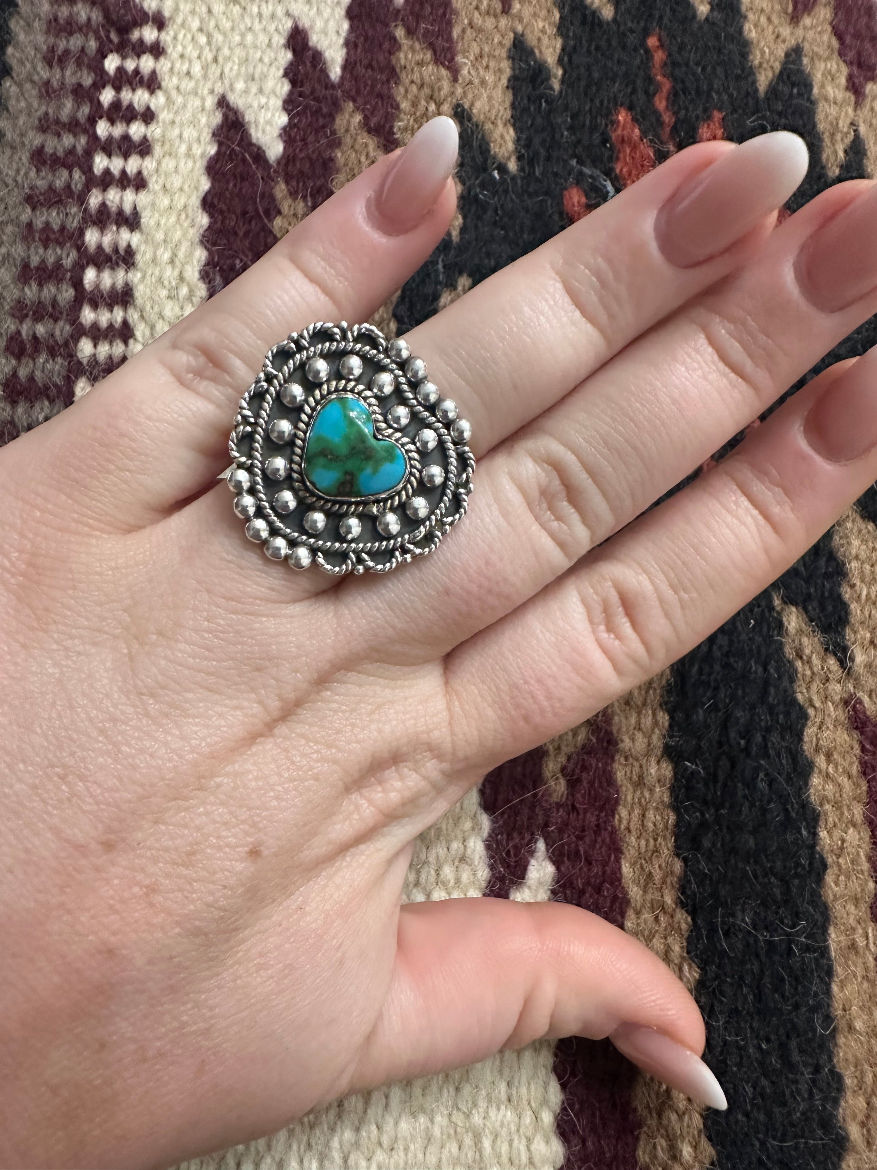 Beautiful Handmade Sonoran Mountain Turquoise And Sterling Silver Ball Adjustable Heart Ring