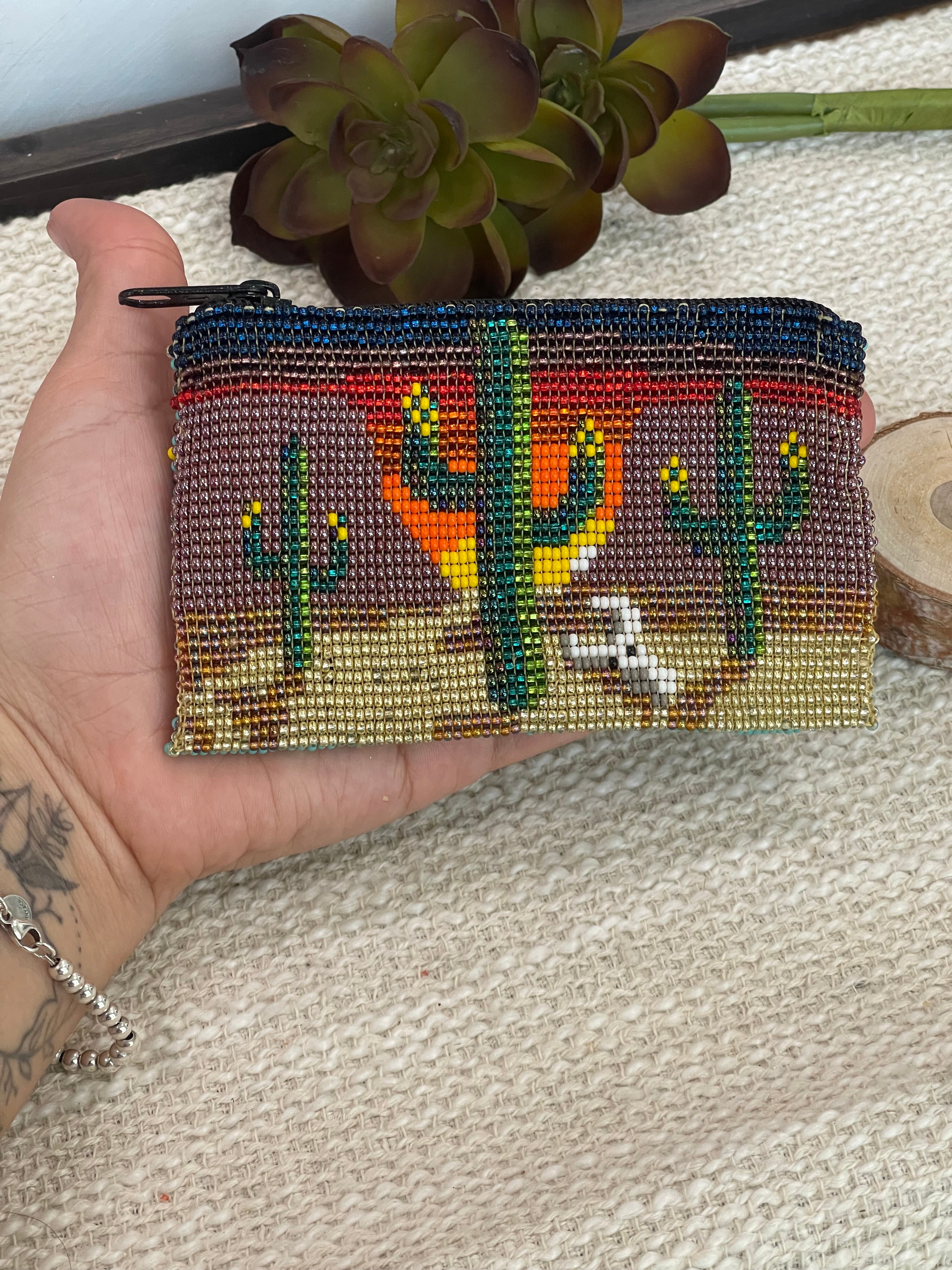 Handmade Beaded Saguaro Desert Coin Purse Dark