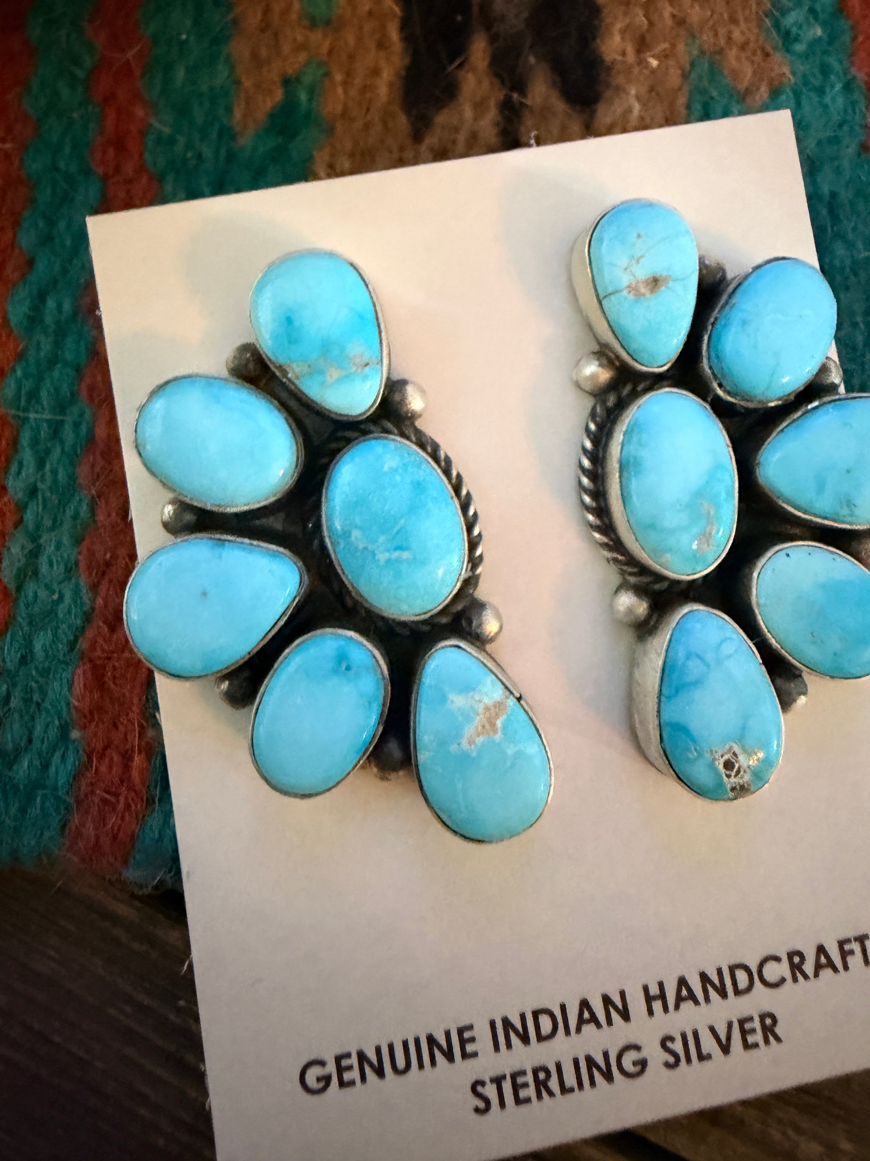Handcrafted Sleeping Beauty Turquoise & Sterling Silver Cluster Post Earrings