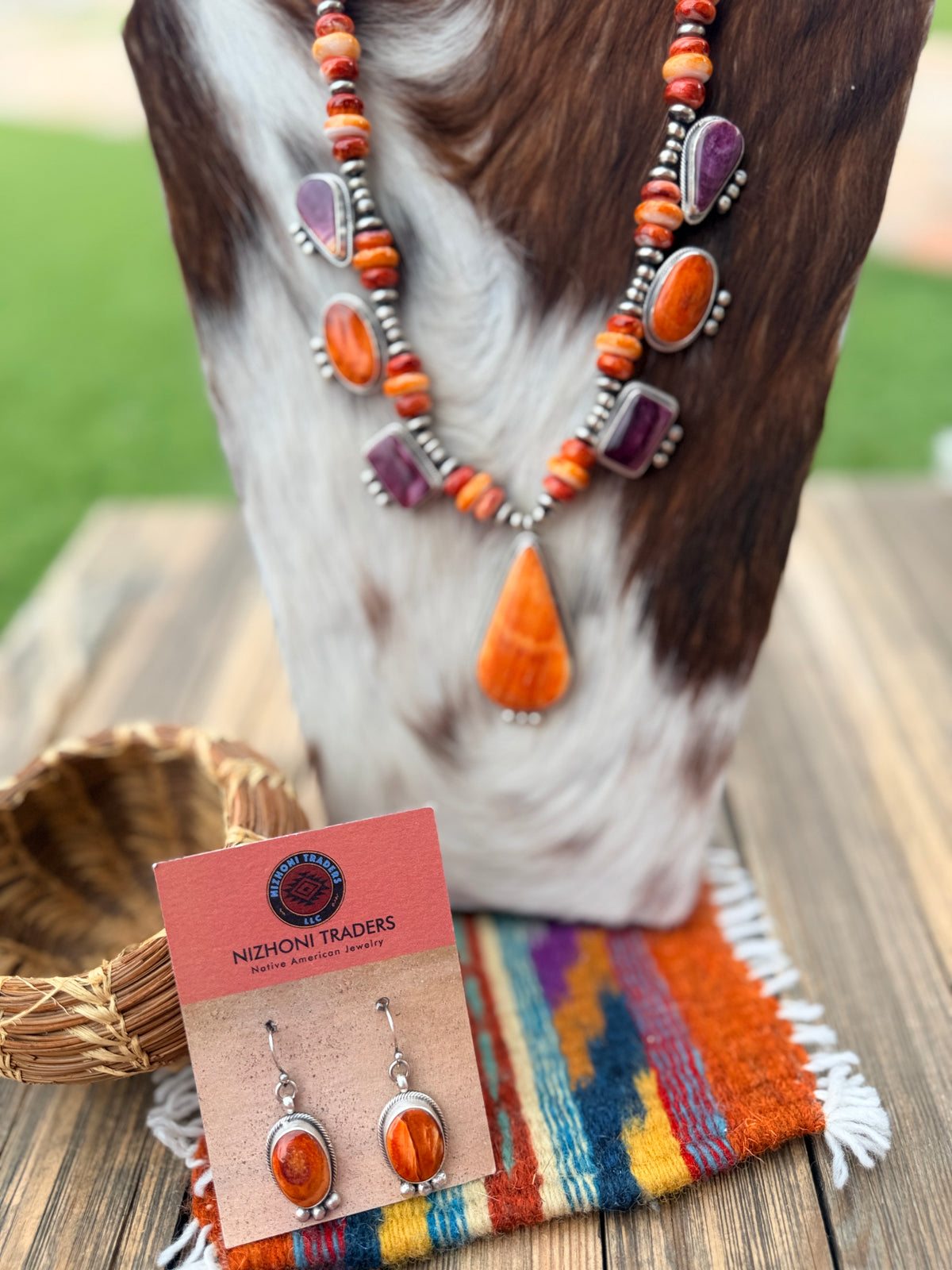 Handcrafted Spiny Oyster & Sterling Silver Beaded Necklace and Earring Set by Aaron Robeson
