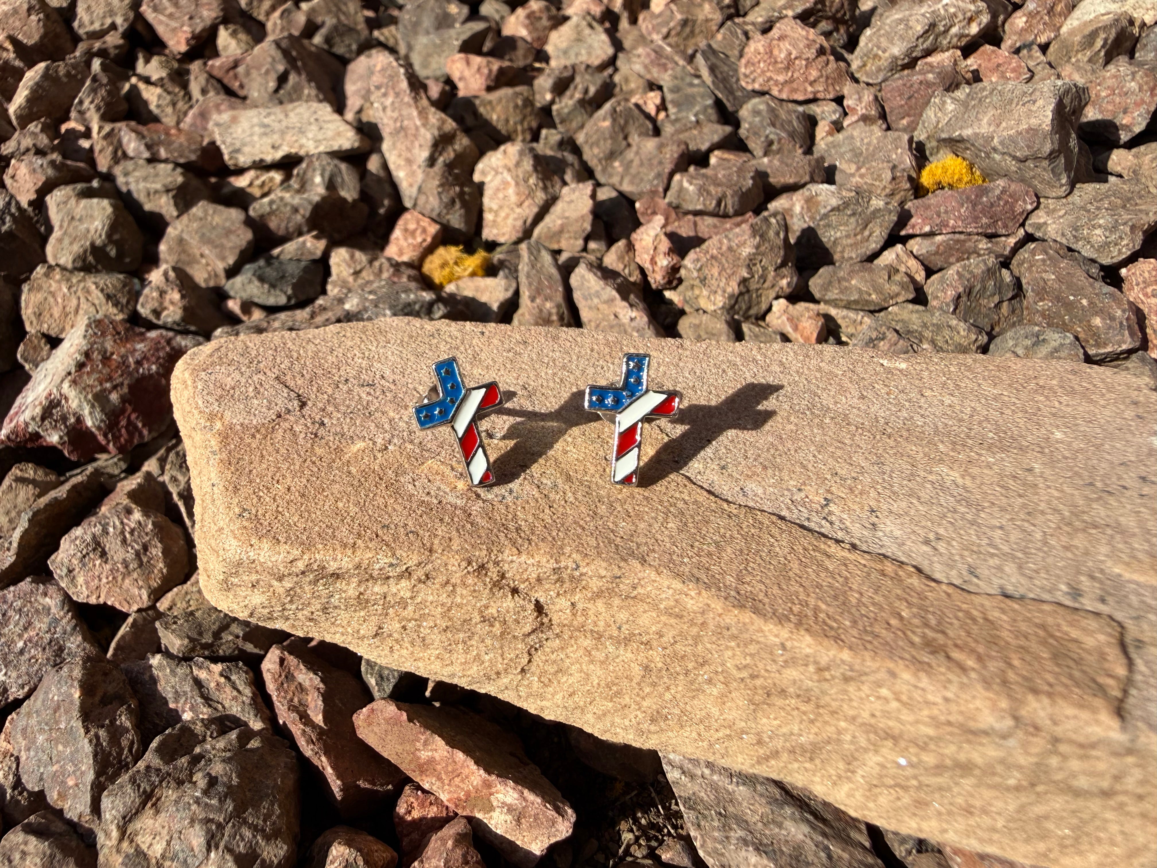 "Fourth Of July" American Flag Cross Sterling Silver Stud Earrings