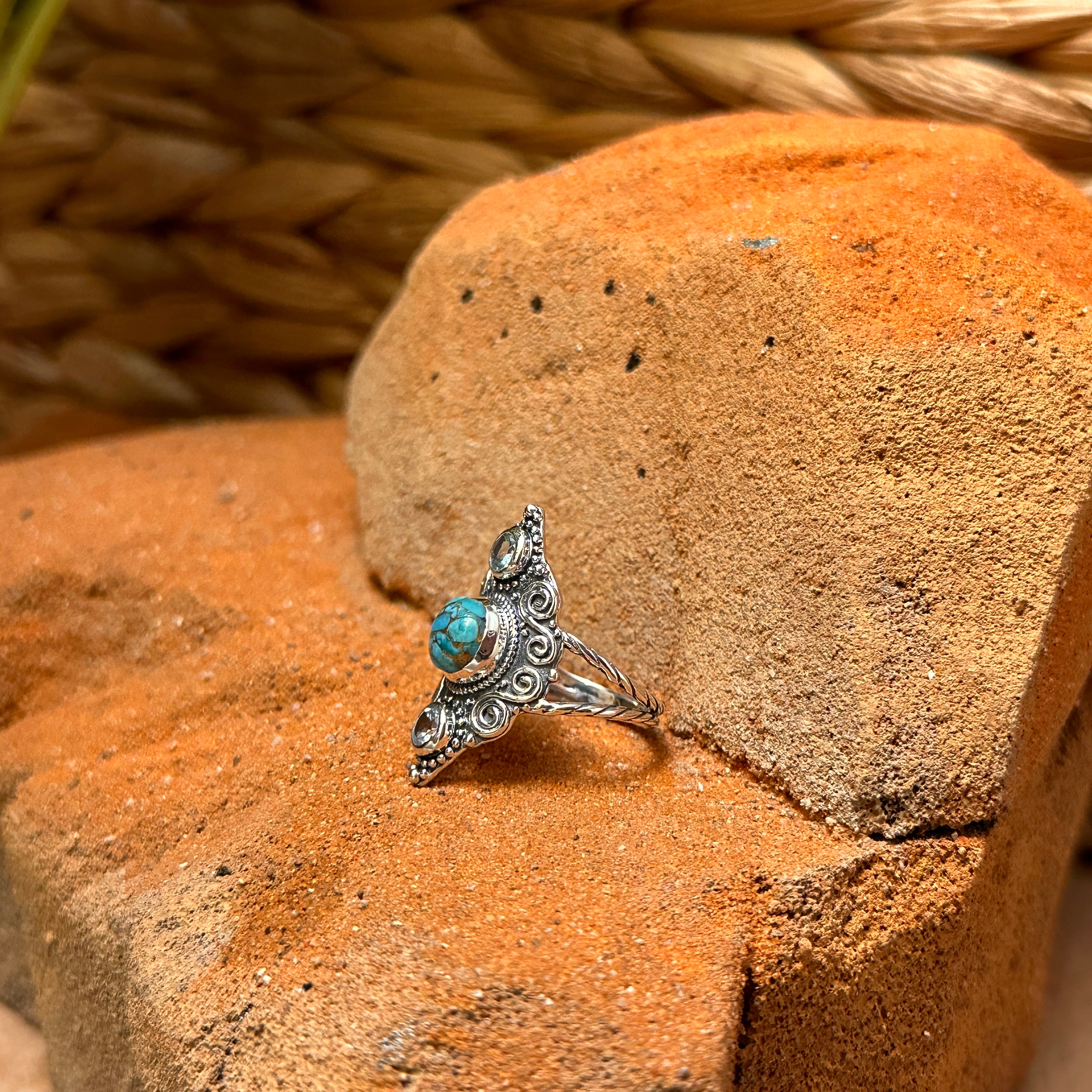 Sterling Silver Etched Copper Turquoise & Blue Topaz Ring Size 8