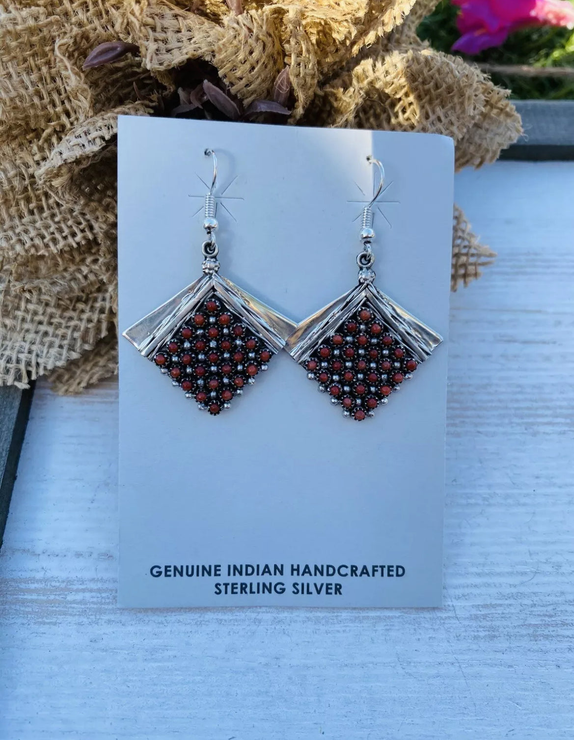 Zuni Sterling Silver & Coral Petit Point Dangle Earrings